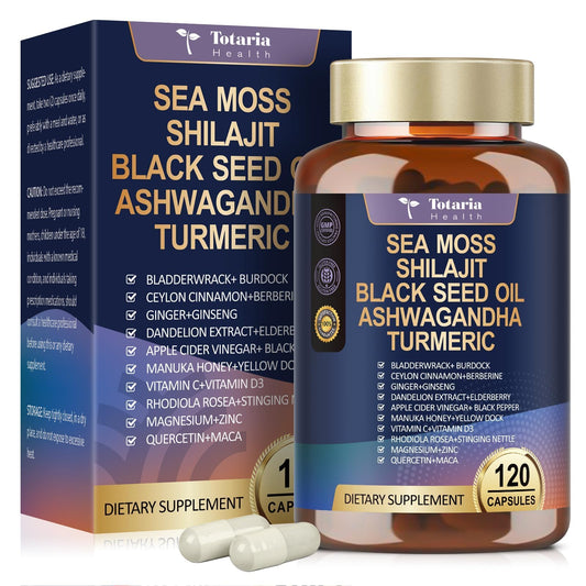 25-in-1 Sea Moss Black Seed Oil Ashwagandha Ginger Shilajit Supplement, Sea Moss Capsules Pro with Bladder Burdock Ceylon Cinnamon Berberine ACV Manuka VIT C & D3 for Men Women, 120 Vegan Caps - Medaid International