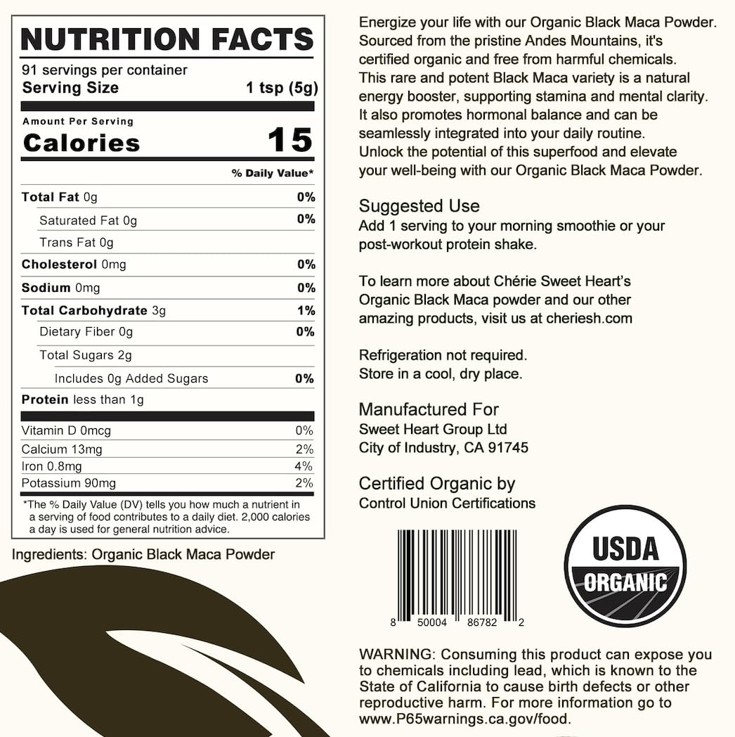 Cherie Sweet Heart's Organic Black Maca Powder, 1 lb, Raw, Gluten Free & Non GMO - Medaid International