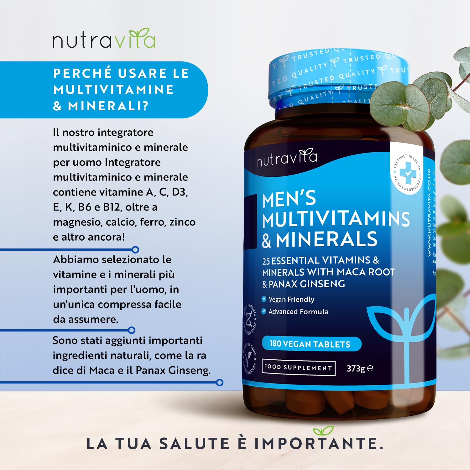 Nutravita Men's Multivitamins and Minerals - 27 Essential Active Vitamins and Minerals Including Maca Root and Panax Ginseng - 180 Vegan Tablets - No Synthetic Fillers or Binders - Made in The UK - Medaid International