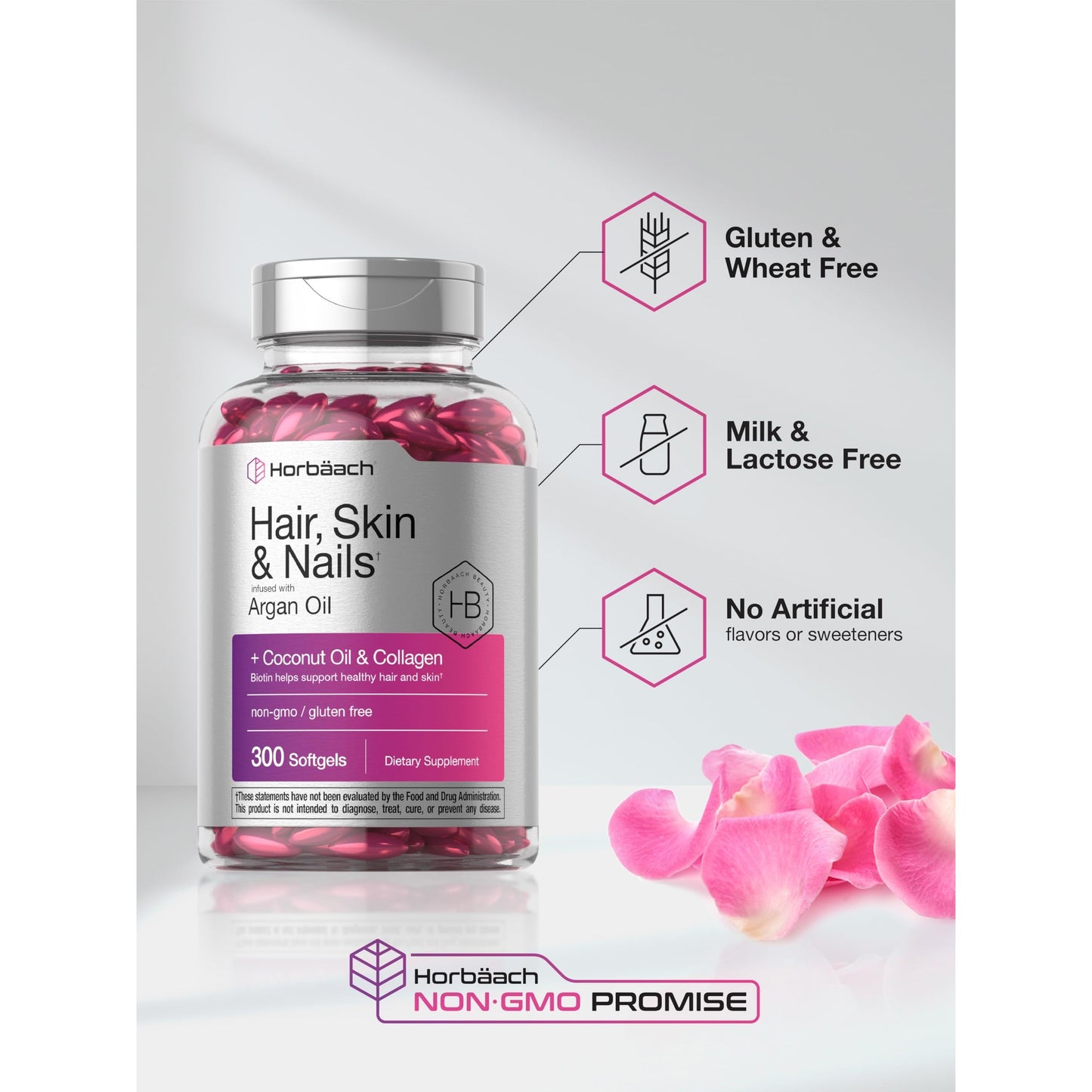 Horbäach Hair Skin and Nails Vitamins | 300 Softgels | with Biotin and Collagen | Infused with Argan Oil and Coconut Oil | Non-GMO, Gluten Free Supplement - Medaid International