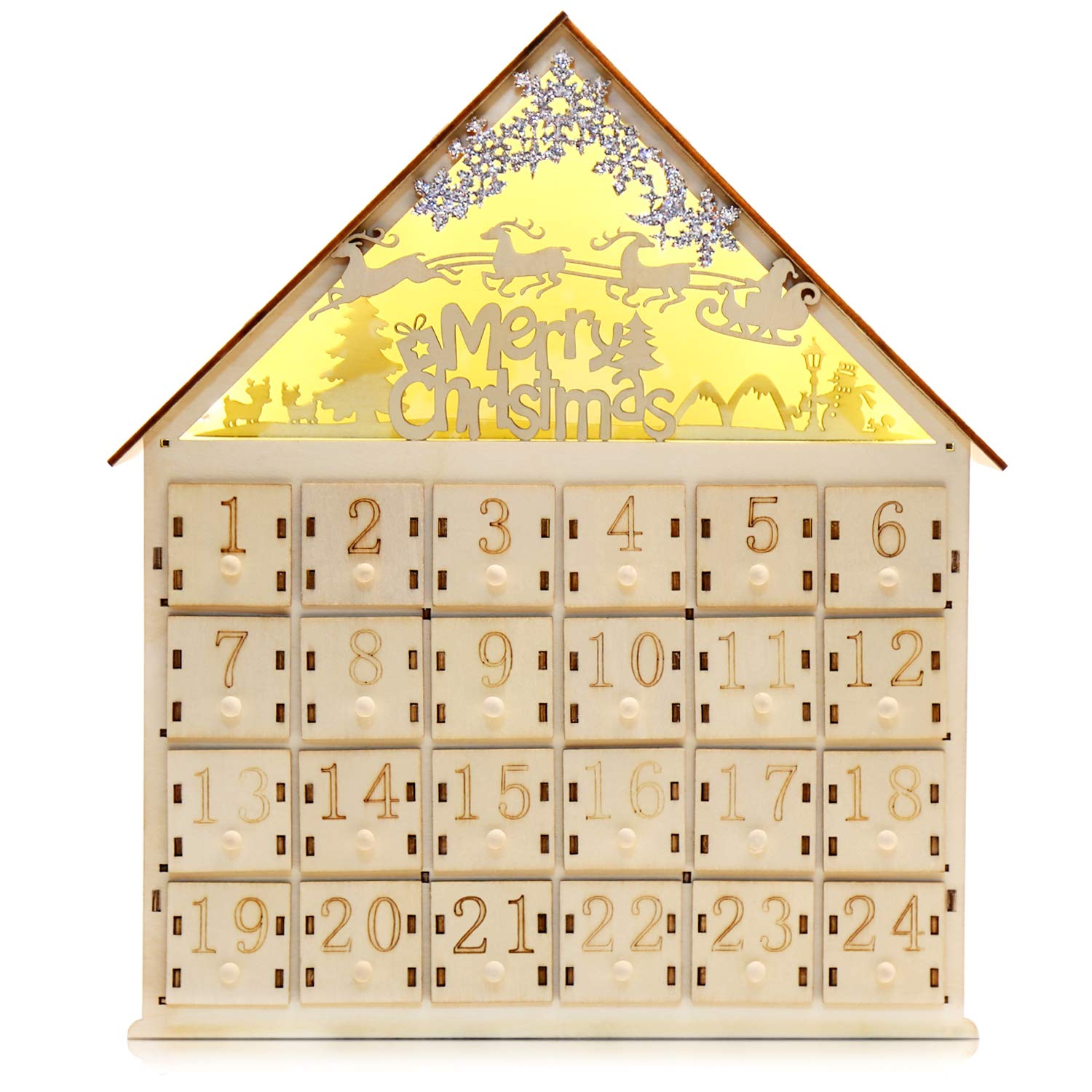 CCINEE Christmas Wooden Advent Calendar with LED Light 24 Storage Drawers Christmas Countdown Calendar for Holiday Decoration - Medaid International