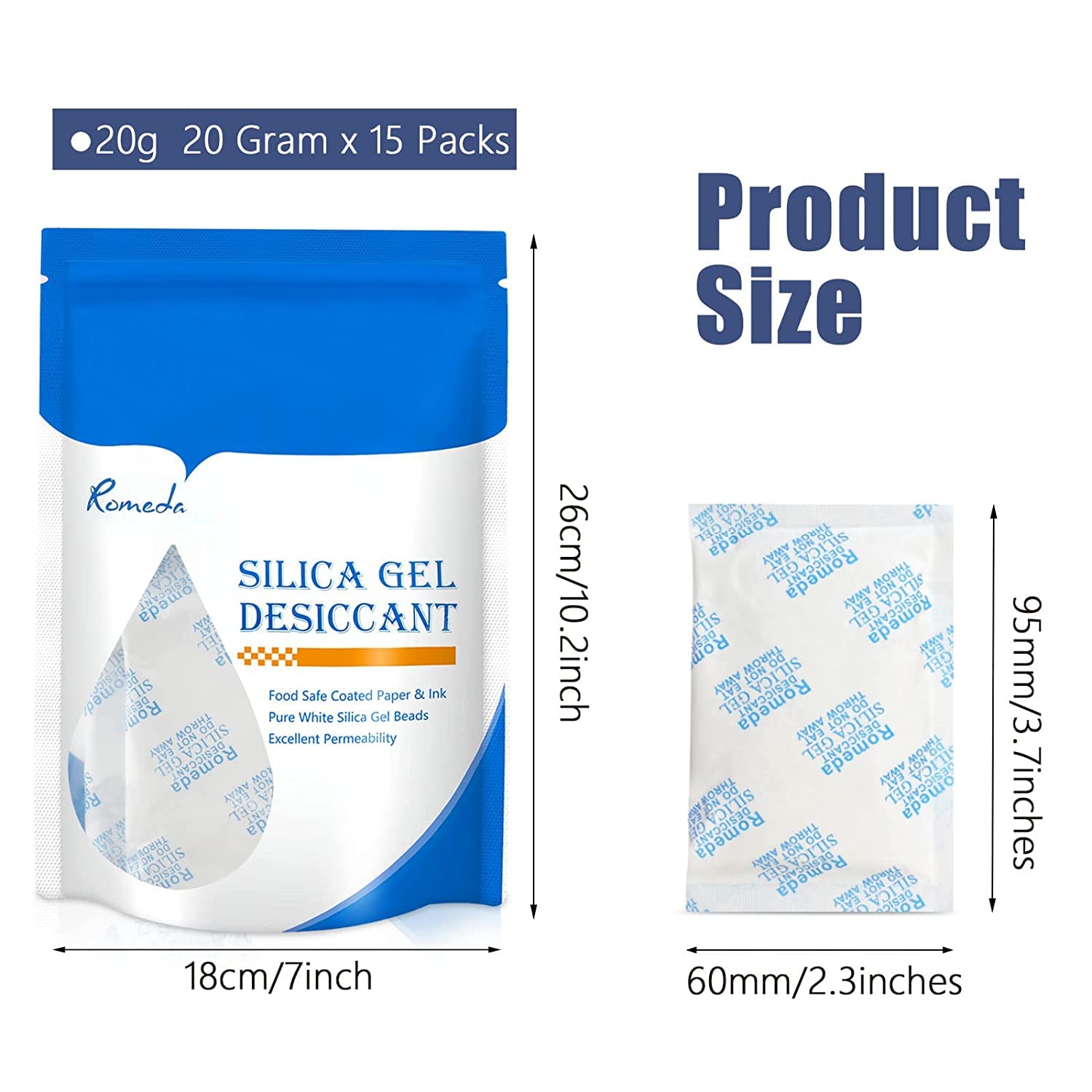15 Pcs 20 Gram Silica Gel Packs, Transparent Desiccant, Desiccant Packets for Storage, Moisture Packs for Spices Jewelry Shoes Boxes Electronics Storage - Medaid International