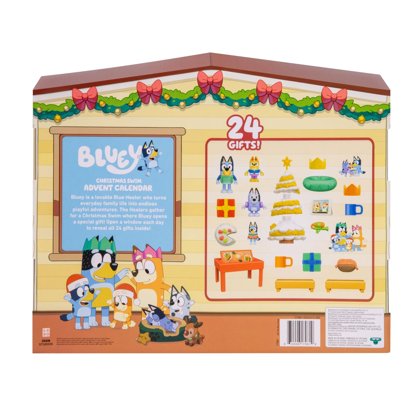 Bluey's Christmas Swim Advent Calendar, This Very Festive Bluey Surprise Pack Has 24 Surprises Behind 24 Different Windows, Includes 3 Christmas Swim Figures, 18 Accessories And 3 Stickers To Reveal - Medaid International