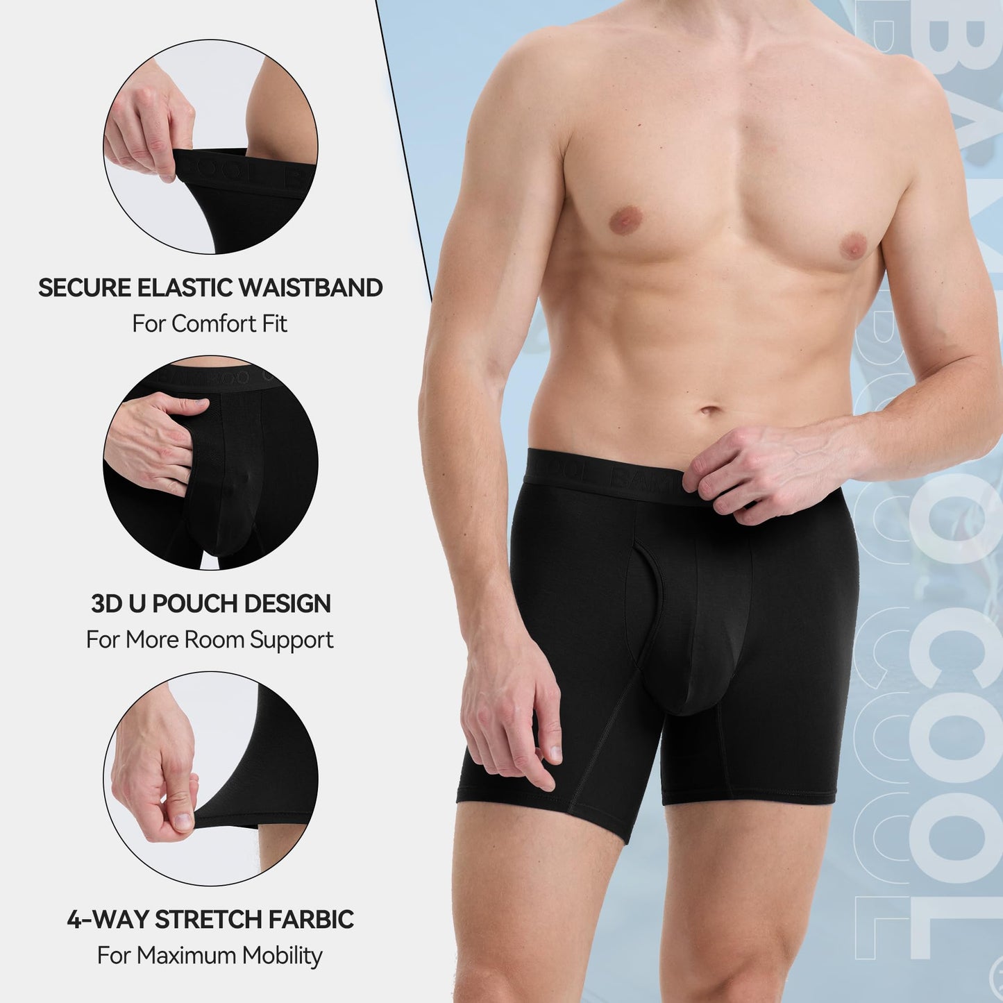 BAMBOO COOL Men's Underwear Boxer Briefs,Regular Leg,Breathable Soft Moisture-Wicking with Fly Underwear For men 4 Pack - Medaid International