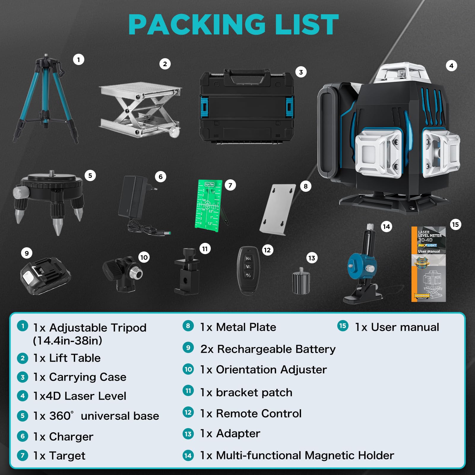 4x360° 16 Lines Laser Level with Remote&APP Control, Rechargeable Green Laser Cross Line Lazer with Tripod, Magnetic Bracket，4D Level Laser Tool for Construction, Picture Hanging, Home Renovation - Medaid International