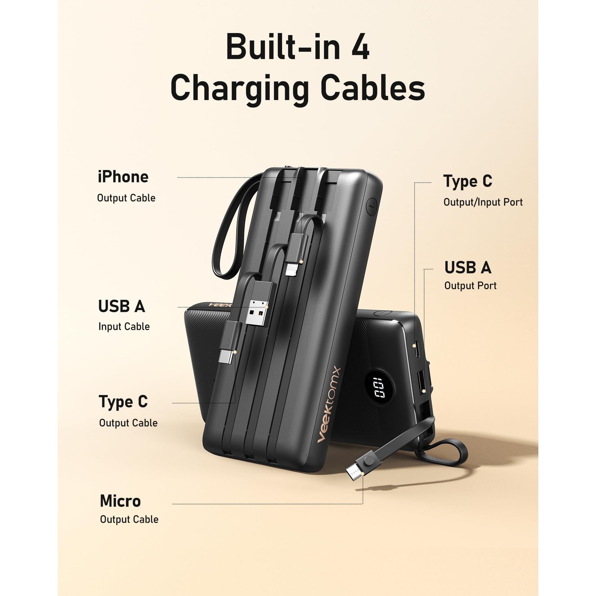 VEEKTOMX Power Bank with Built in Cables 20000mAh BK EU - Medaid International