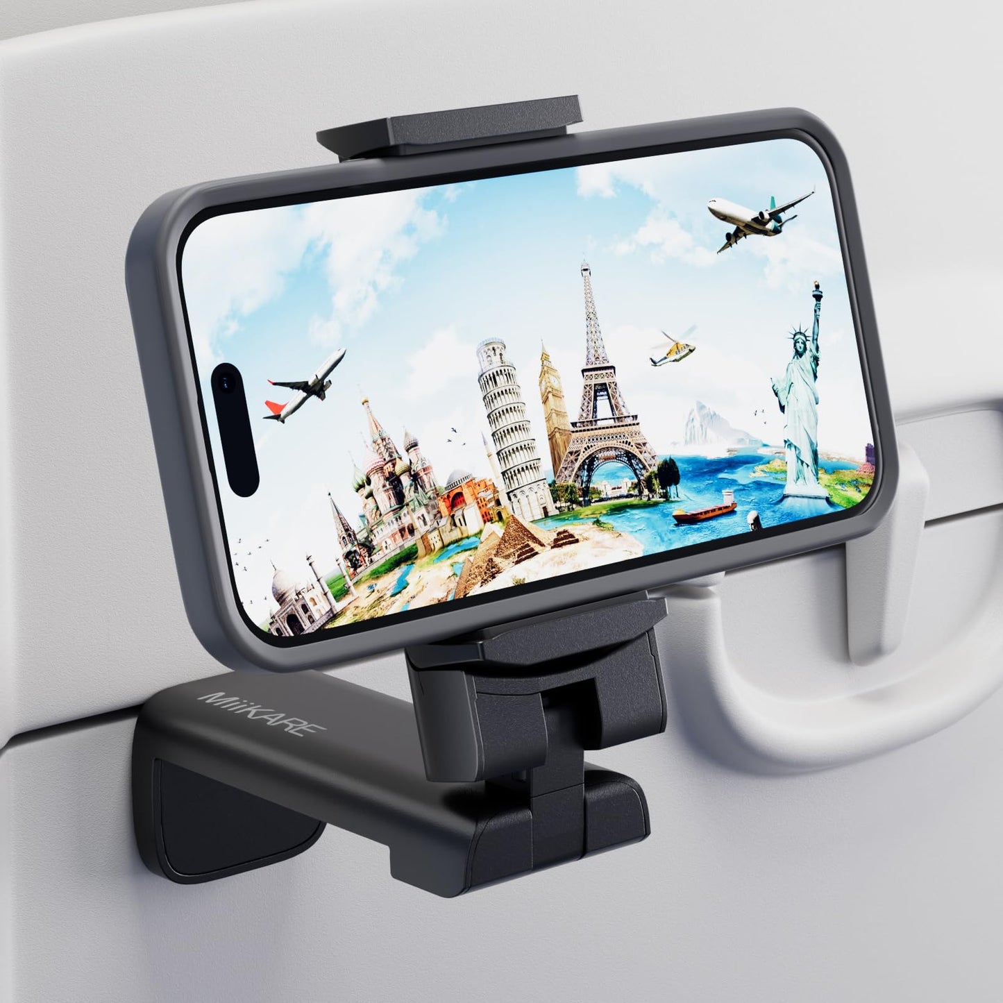 MiiKARE Airplane Travel Essentials Phone Holder, Universal Handsfree Phone Mount for Flying with 360 Degree Rotation, Accessory for Airplane, Travel Must Haves Phone Stand for Desk, Tray Table - Medaid International