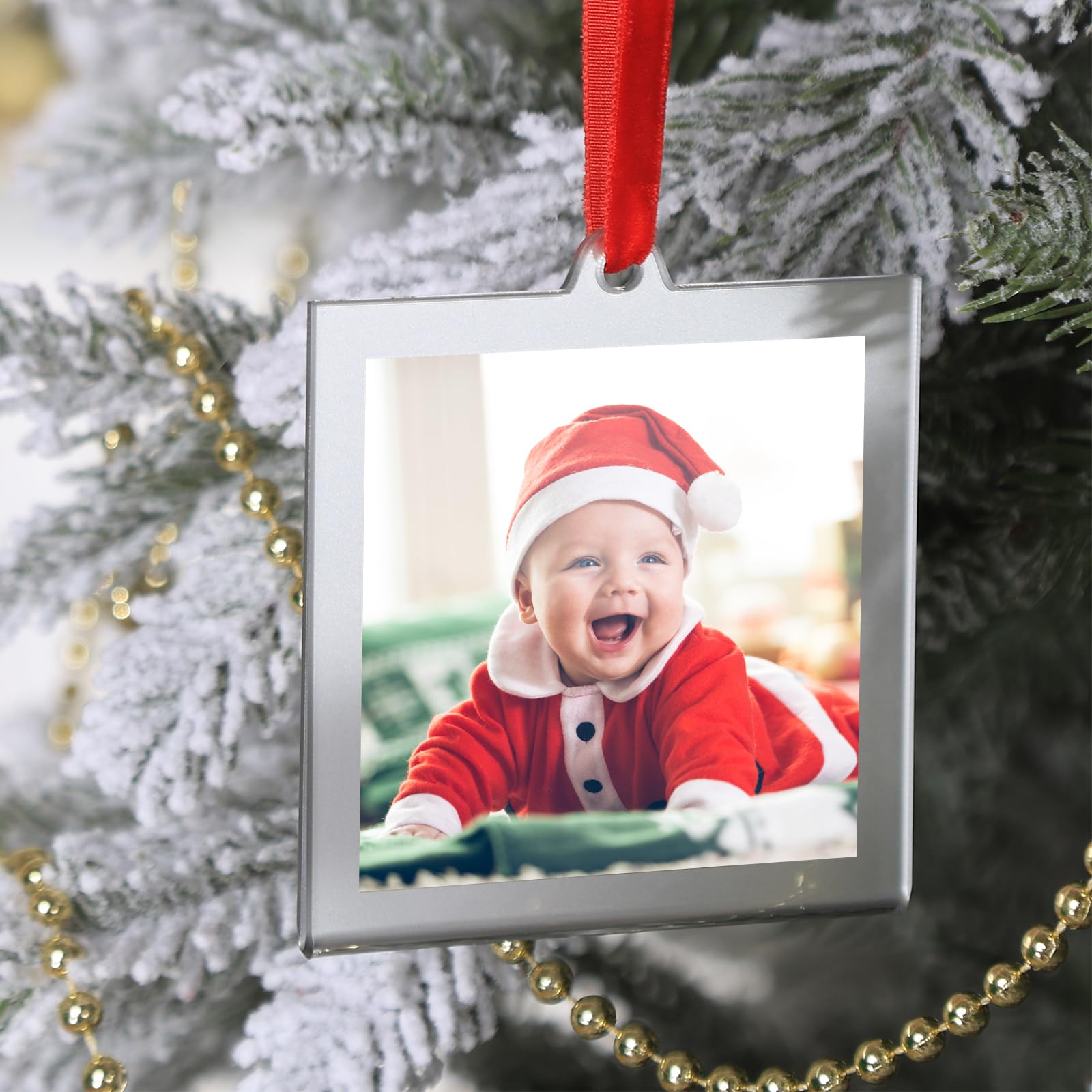 UNIQOOO 3.2 x 3.2 inch Christmas Acrylic Silver Photo Frame Ornaments for Display Picture, 6 Pcs Festive Hanging Decoration, Double-Sided Picture Frames for Holiday Season Home Party Xmas Tree Decor - Medaid International