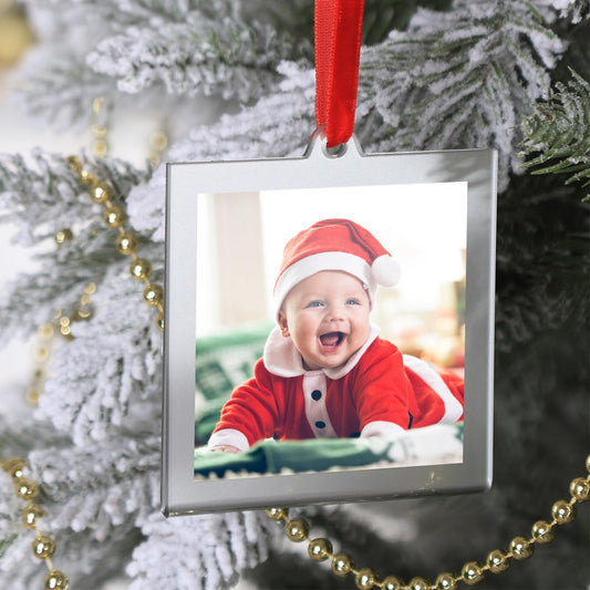 UNIQOOO 3.2 x 3.2 inch Christmas Acrylic Silver Photo Frame Ornaments for Display Picture, 6 Pcs Festive Hanging Decoration, Double-Sided Picture Frames for Holiday Season Home Party Xmas Tree Decor - Medaid International