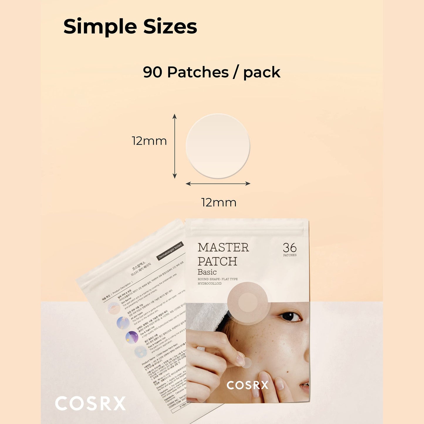 COSRX Master Patch Basic Value Pack, Overnight Acne Patch Hydrocolloid, Blemish Spot Sticker for Face, Strong adhesion & Thicker Spot Cover, 1 Sizes (90 Count) - Medaid International