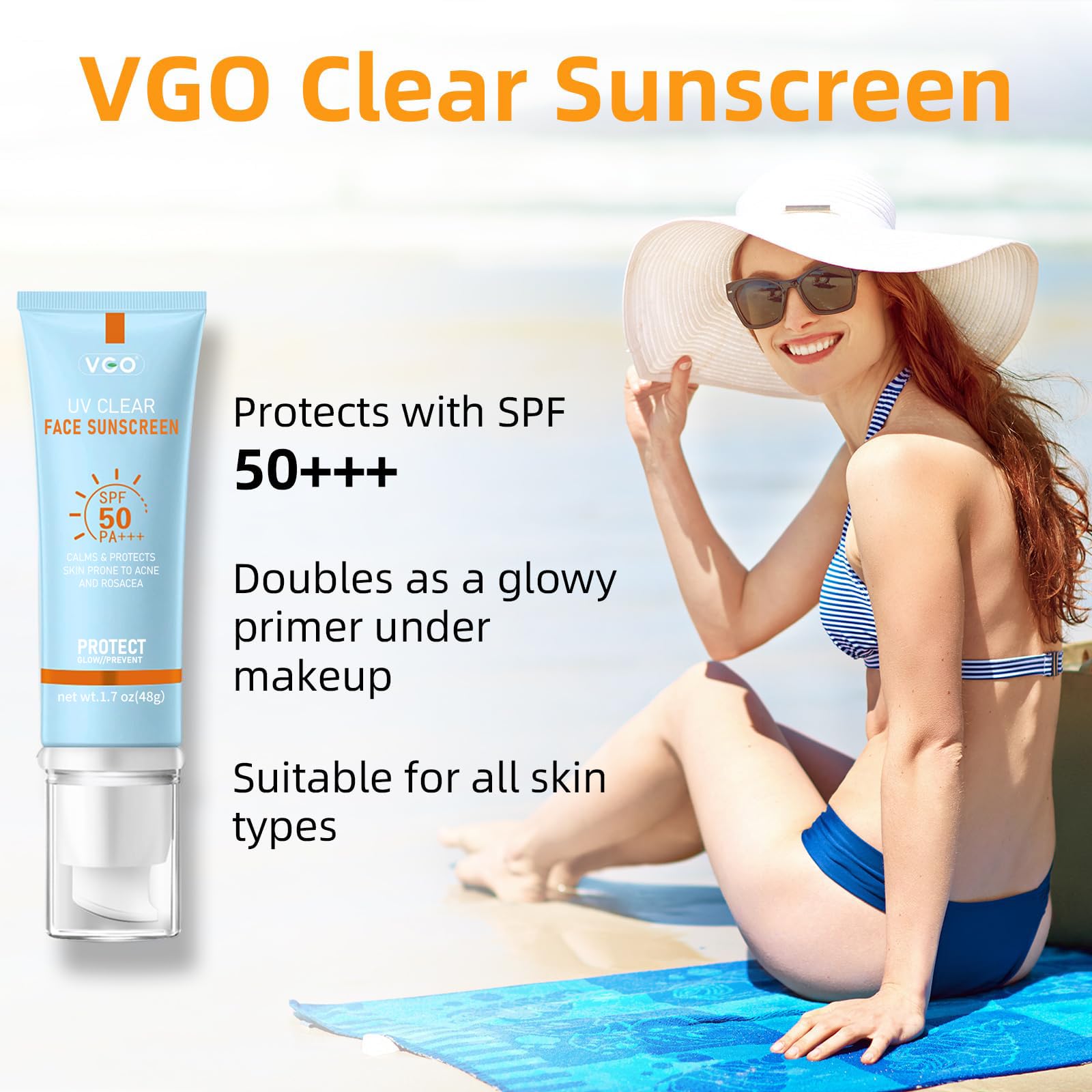 VGO Clear Face Sunscreen SPF 50, Hydrating Sun Essence Leaves No Sticky Feeling Travel Size Sunscreen Against UVA and UVB Rays 50ml / 1.7oz - Medaid International
