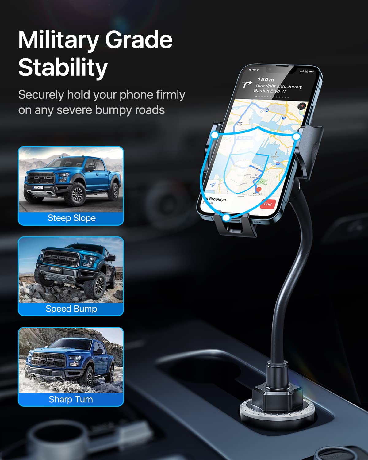 andobil Military-Grade Cup Phone Holder for Car/Truck, [2025 Enhanced] 13" 360° Adjustable Gooseneck w/Anti-Shake Car Mount, Universal Car Phone Holder for iPhone/Samsung/Pixel All 4.0-7.0" Devices - Medaid International