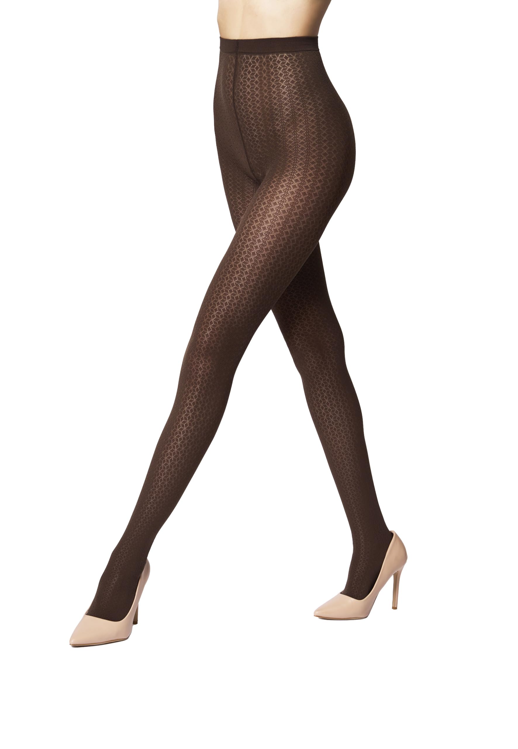 Wolford Mosaic Jacquard Tights For Women 50 Denier Diamond Patterned Pantyhose hosiery Sheer Matte-Shiny Knitted Waistband umber Brown Medium - Medaid International