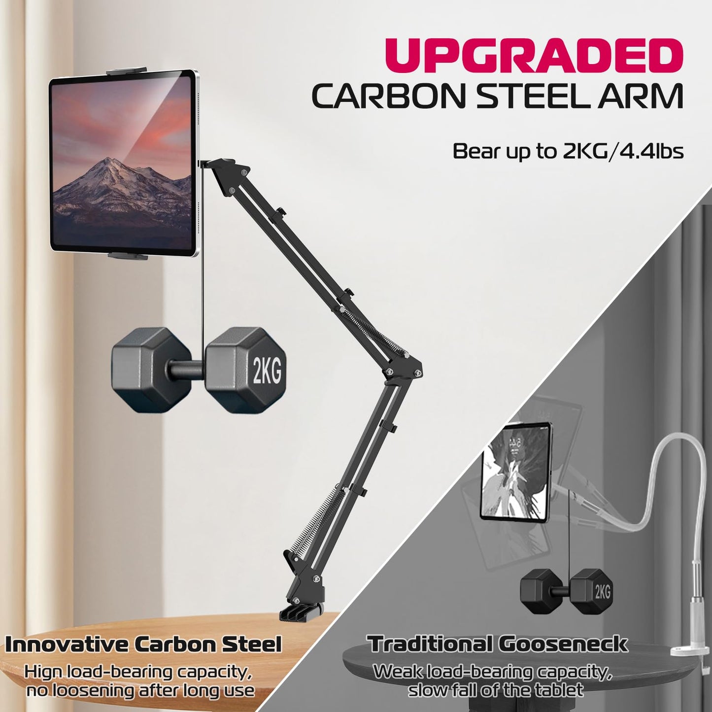 ULANZI T2 Adjustable Tablet Holder for Desk, Carbon Steel Tablet Phone Stand for Bed, Flexible Tablet Arm Clamp Compatible with iPhone 17 16 15 Pro iPad Kindle Galaxy Tab 4.6-12.9 Inch Devices - Medaid International