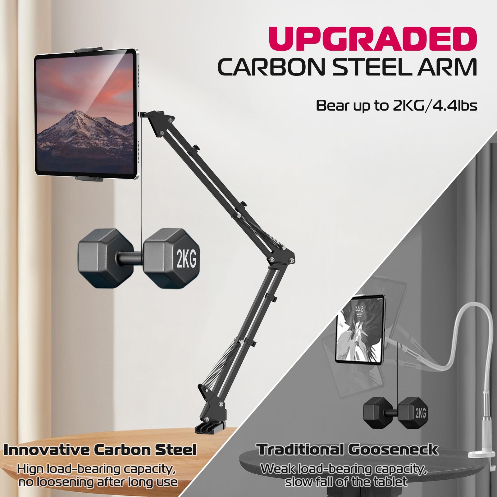 ULANZI T2 Adjustable Tablet Holder for Desk, Carbon Steel Tablet Phone Stand for Bed, Flexible Tablet Arm Clamp Compatible with iPhone 17 16 15 Pro iPad Kindle Galaxy Tab 4.6-12.9 Inch Devices - Medaid International