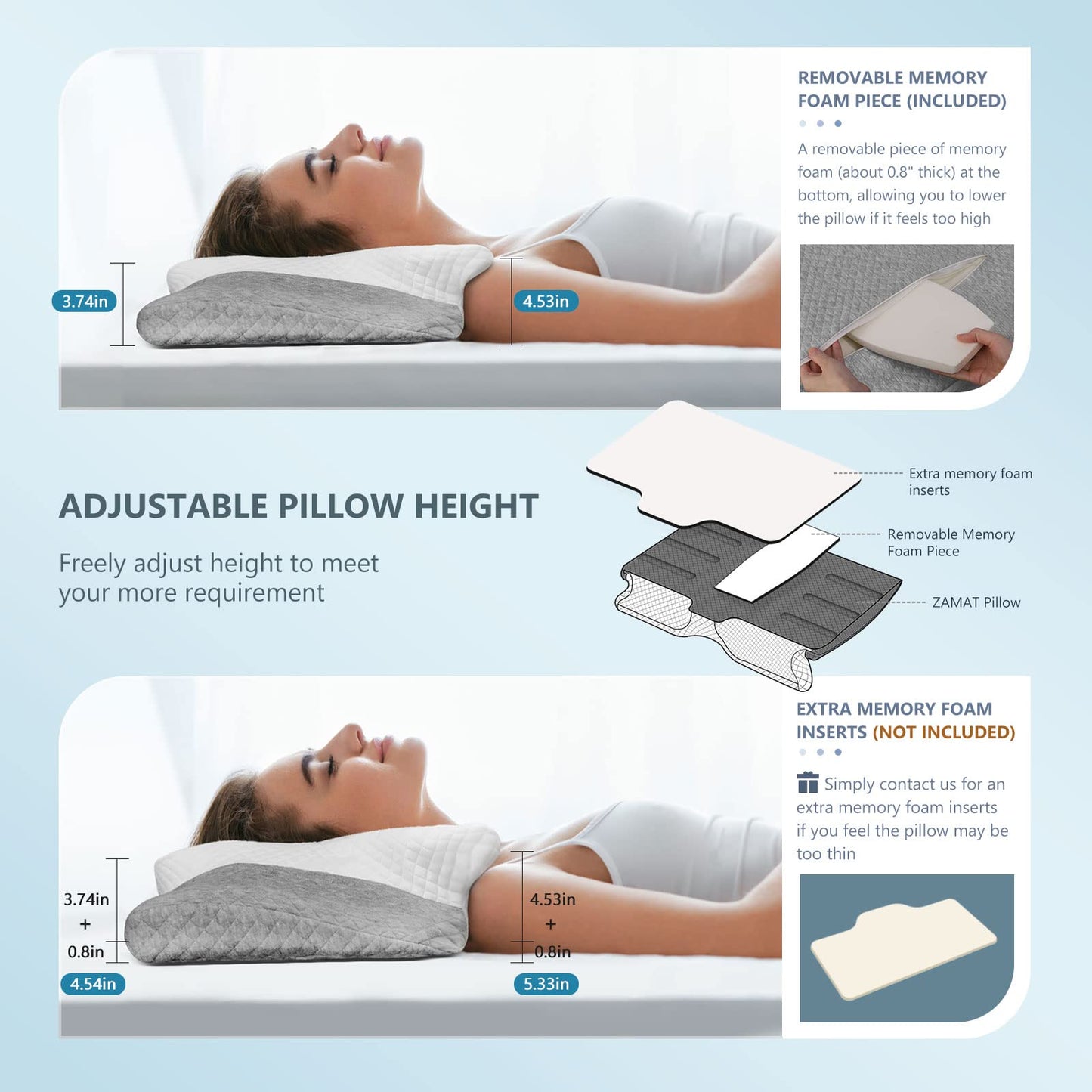 ZAMAT Adjustable Cervical Memory Foam Pillow, Odorless Neck Pillows for Pain Relief, Orthopedic Pillows for Sleeping with Cooling Pillowcase, Ergonomic Support Pillow for Stomach, Back, Side Sleeper - Medaid International