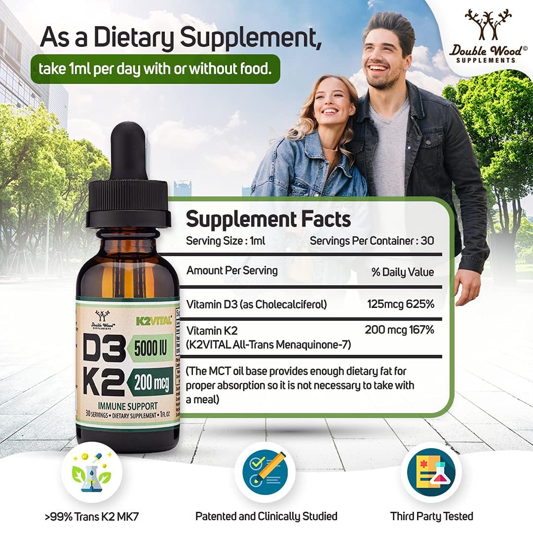 Vitamin D3 K2 5,000 IU Liquid Drops (5,000 IU of D3 and 200mcg of 99.9% All-Trans Patented K2 MK-7 (K2Vital)) Max Absorption Liquid Vitamin D Drops (30 Servings) by Double Wood - Medaid International