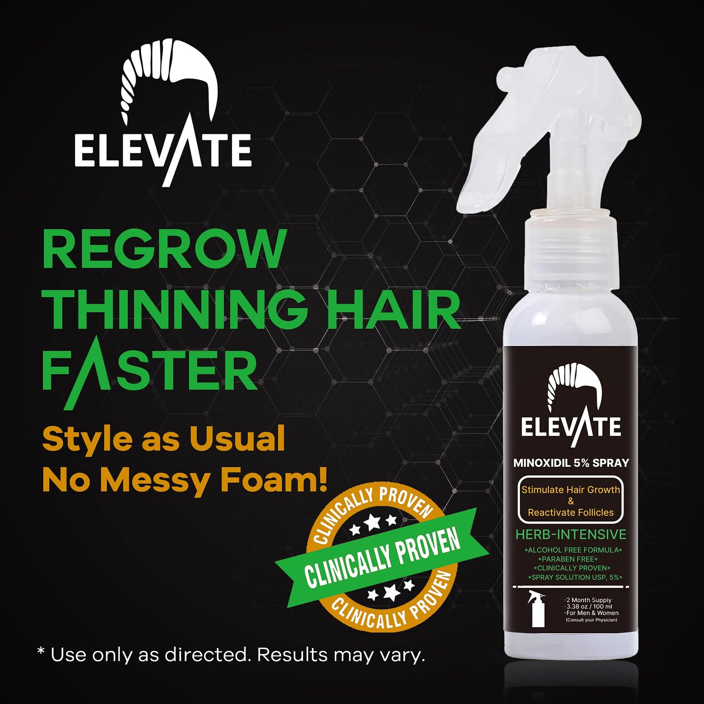 ELEVATE 5% Minoxidil Hair Growth Spray - Alcohol Free Non Oily Formula Extra Strength Professional Treatment for Hair Loss/Regrowth - Stimulate Hair Follicles for Men & Women - 1 Month Supply - Medaid International