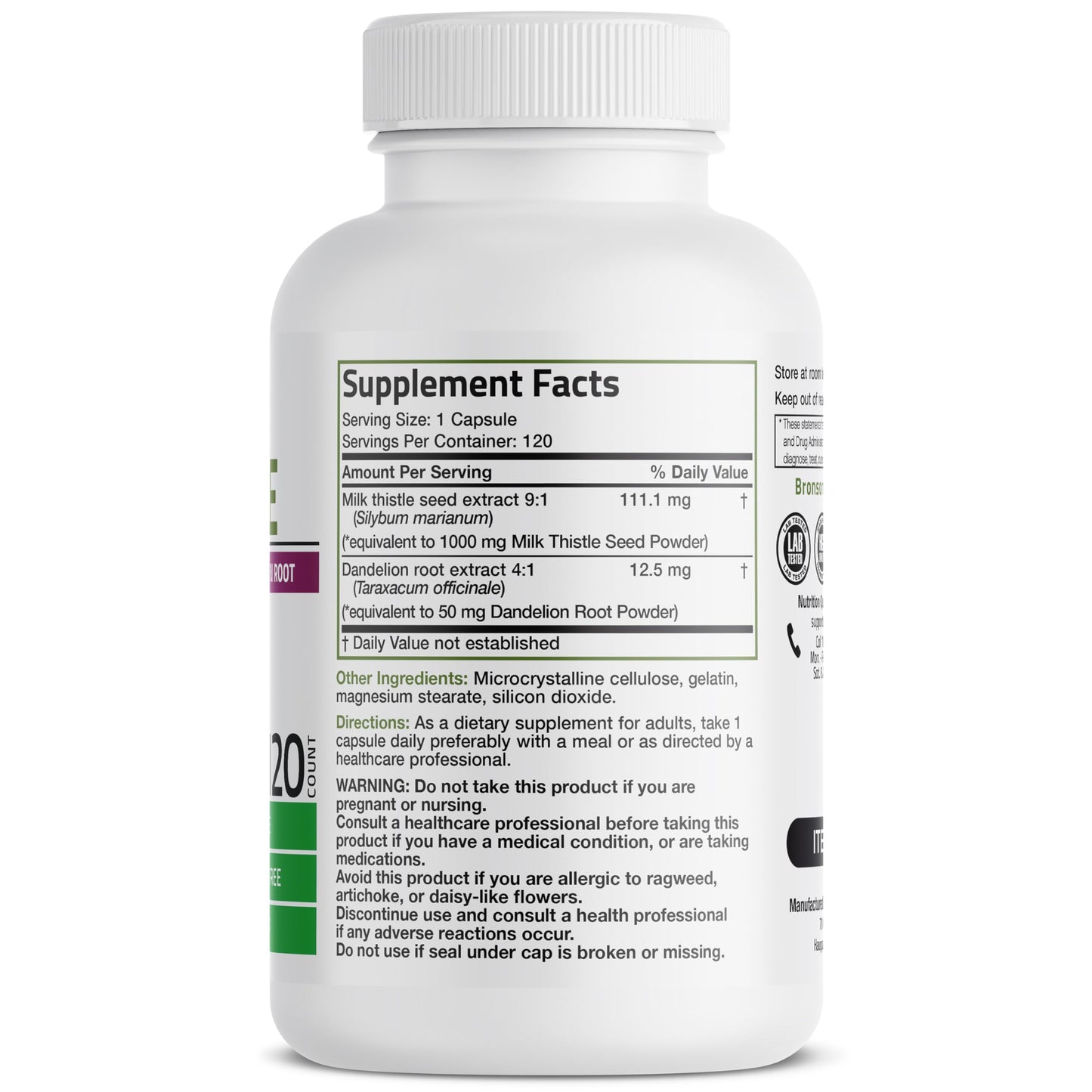 Bronson Milk Thistle Silymarin Marianum & Dandelion Root Liver Health Support, Antioxidant Support, Detox, 120 Capsules - Medaid International