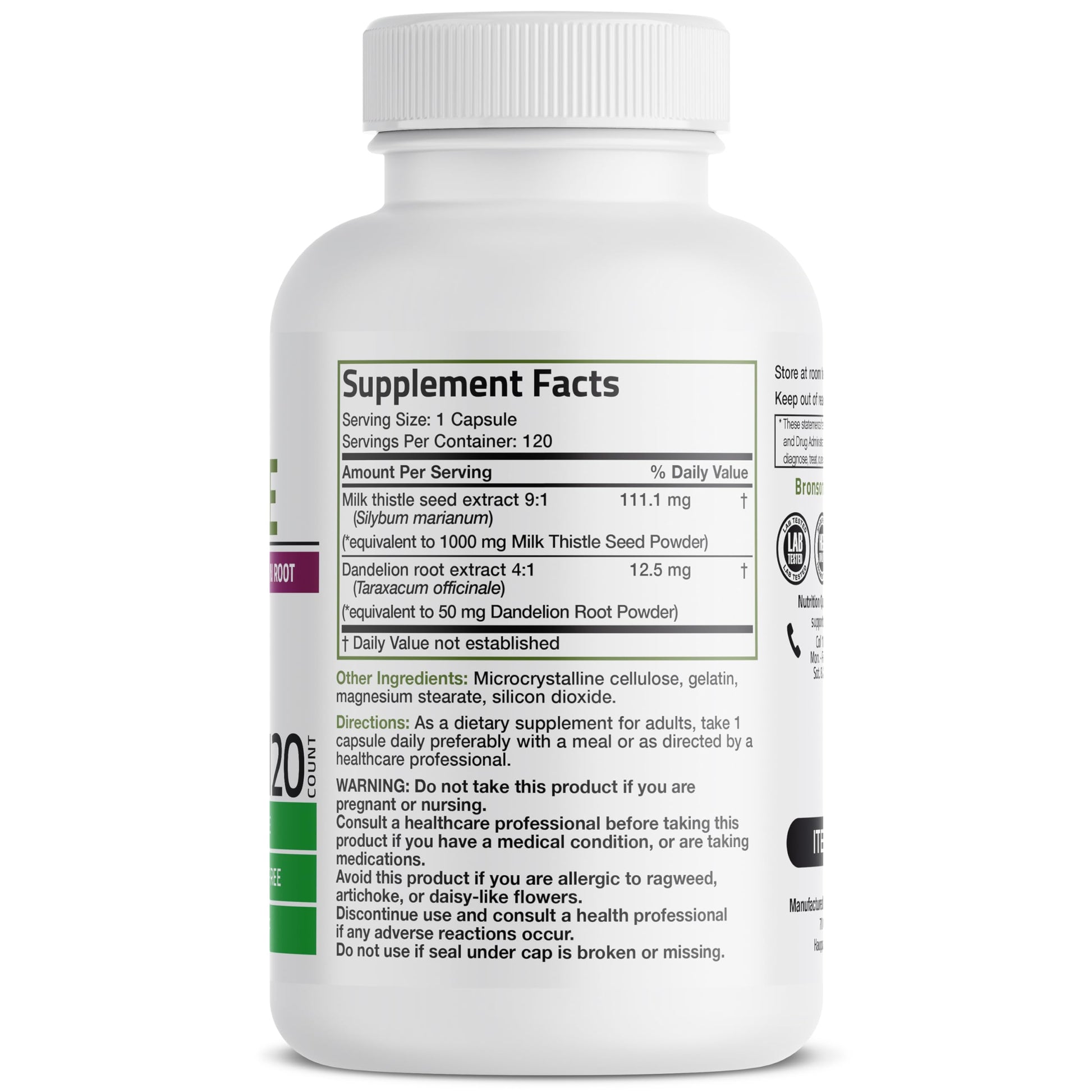 Bronson Milk Thistle Silymarin Marianum & Dandelion Root Liver Health Support, Antioxidant Support, Detox, 120 Capsules - Medaid International