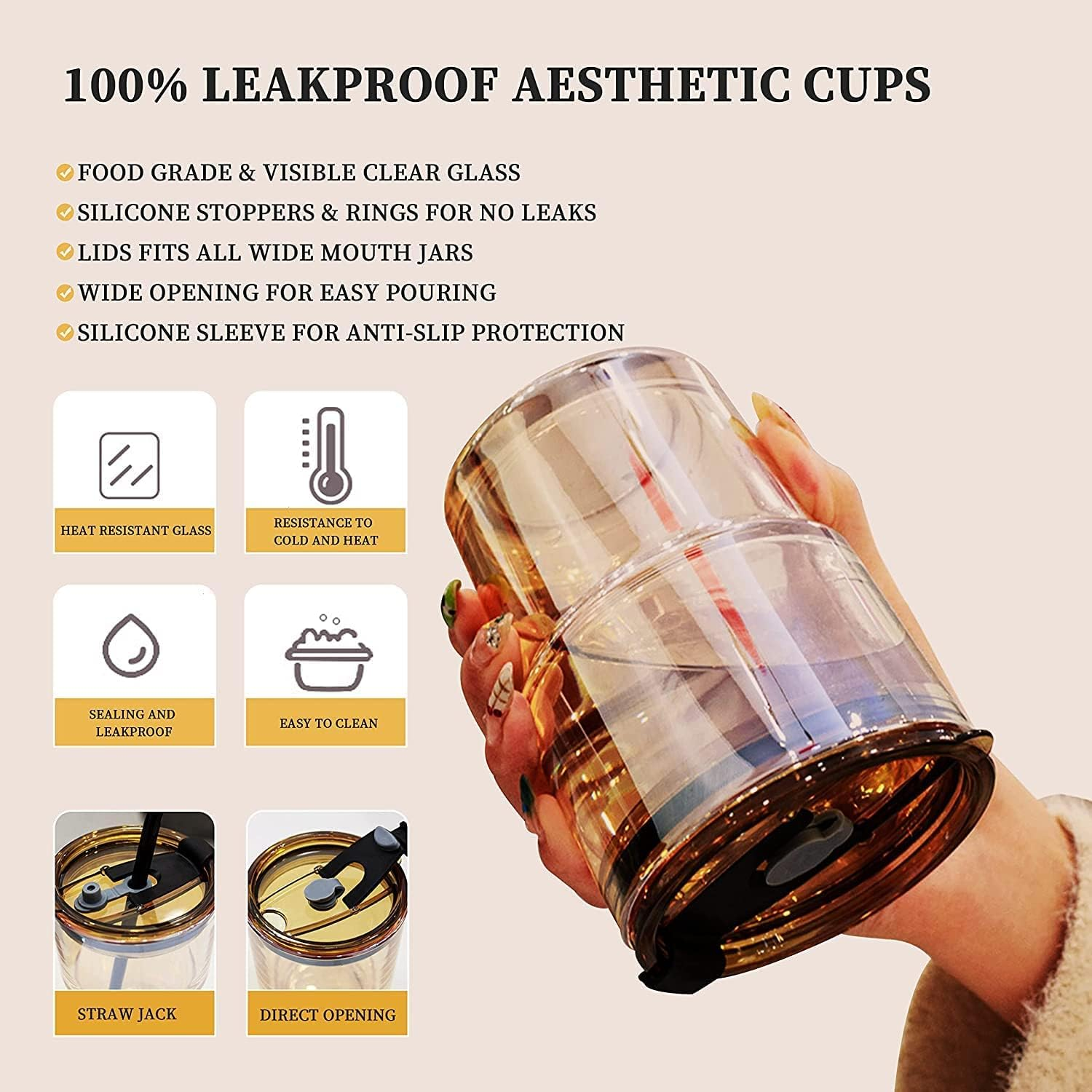 Coffee Mug Glass Tumbler With Silicone Straw and Lid 360 ml, Cup With Leather Sleeve - Medaid International