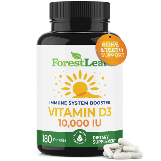 ForestLeaf Vitamin D3 10,000 IU | VIT D - VIT D3 Vitamin D Supplements for Women and Men | Bone Health, Teeth and Immune Support | Easy to Swallow Pills | High Potency Daily, 6-Month Supply, 180 Caps - Medaid International