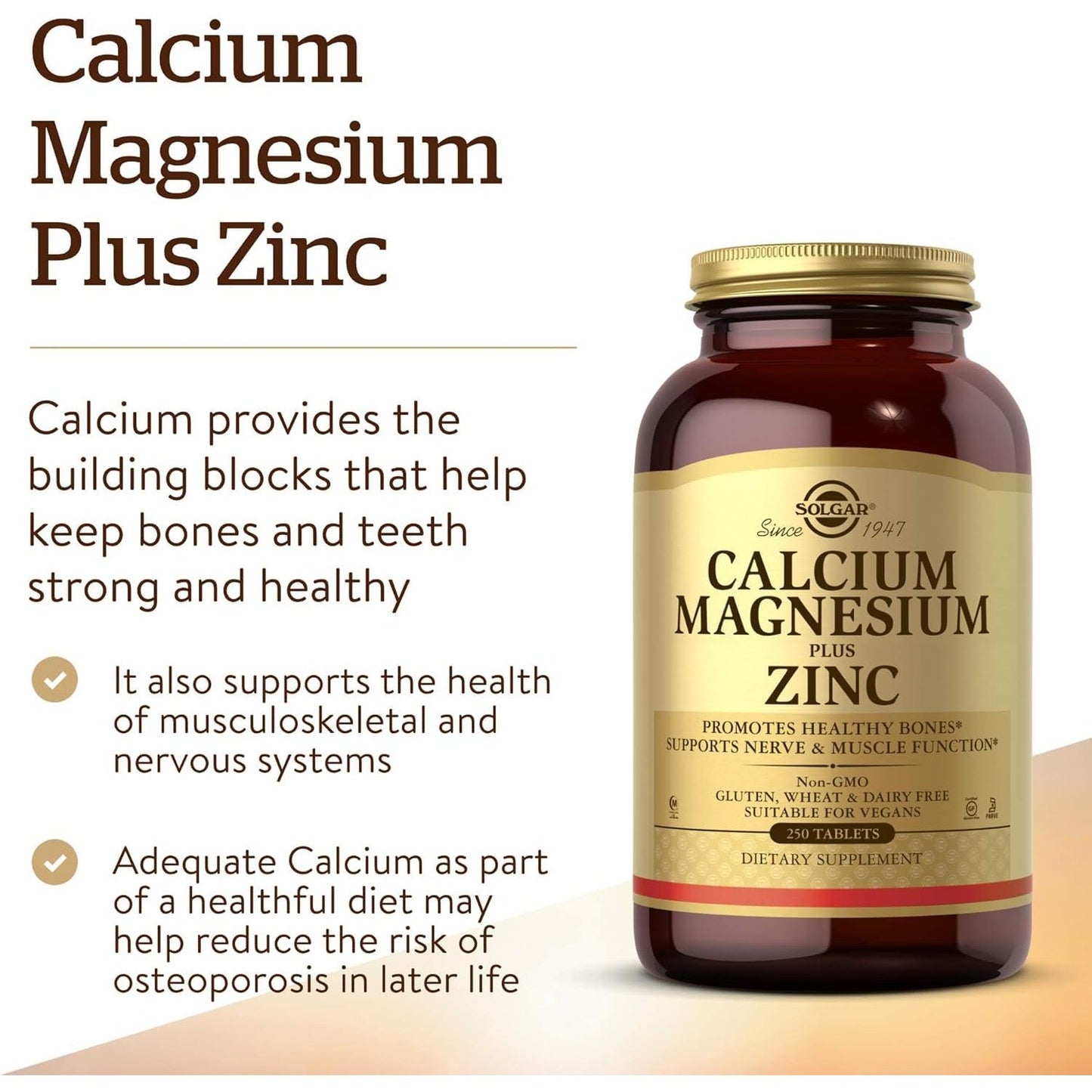 Solgar Calcium Magnesium Plus Zinc, 250 Tablets - Promotes Healthy Bones and Teeth - Supports Nerve & Muscle Function - Non GMO, Vegan, Gluten Free, Dairy Free, Kosher, Halal - 83 Servings - Medaid International