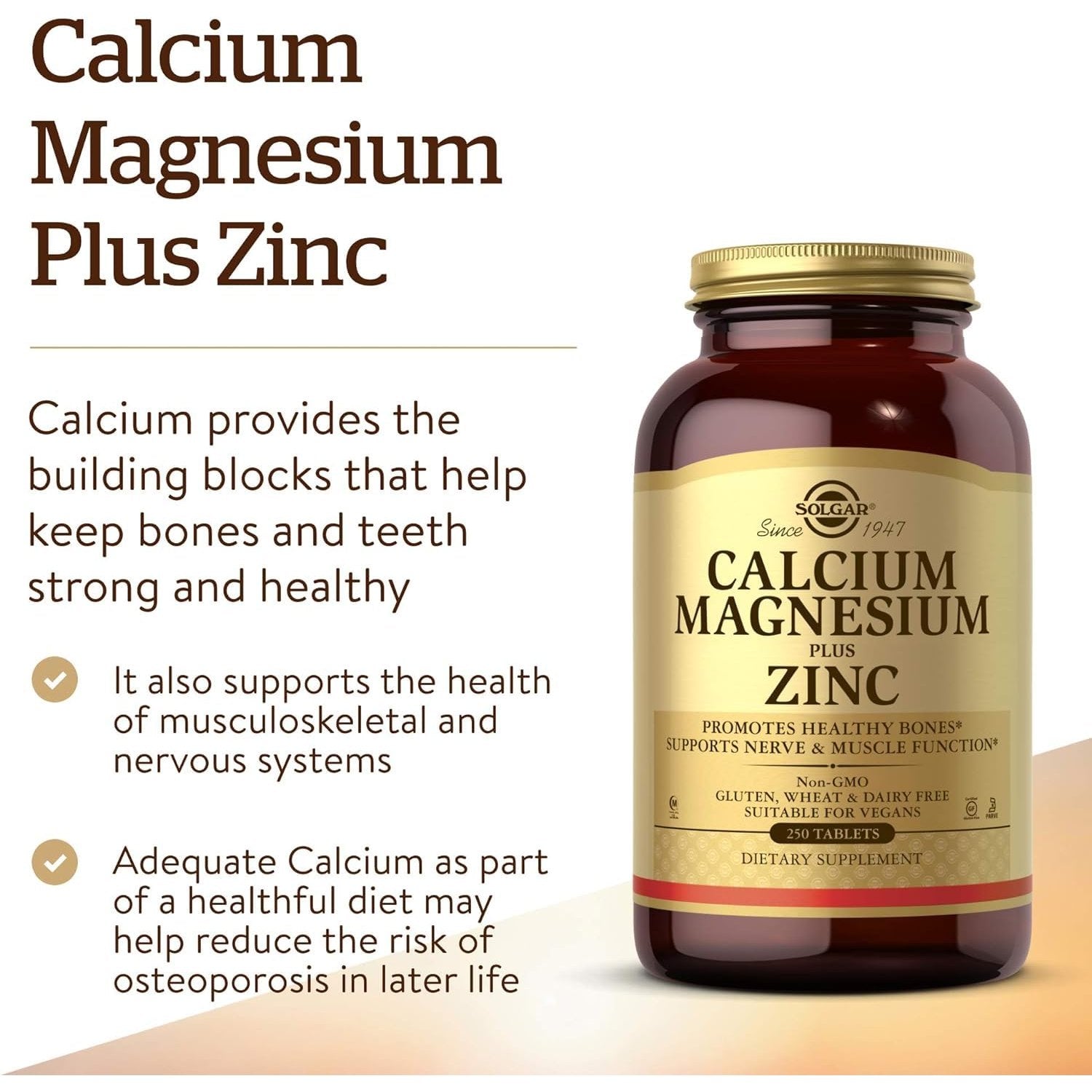 Solgar Calcium Magnesium Plus Zinc, 250 Tablets - Promotes Healthy Bones and Teeth - Supports Nerve & Muscle Function - Non GMO, Vegan, Gluten Free, Dairy Free, Kosher, Halal - 83 Servings - Medaid International