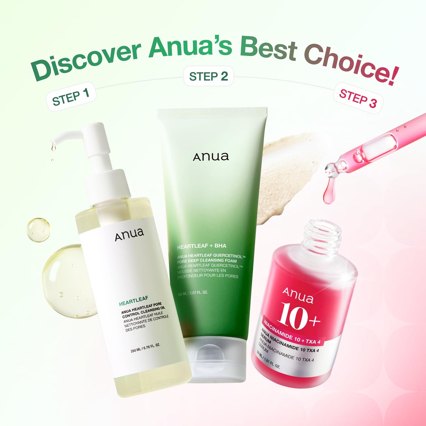 Anua 3-Step Glass Skin Beginner Set, Double Cleansing with Facial Serum, Oil Cleanser & Face Wash with Heartleaf, Daily Routine with Niacinamide, Korean Skincare Set - Medaid International