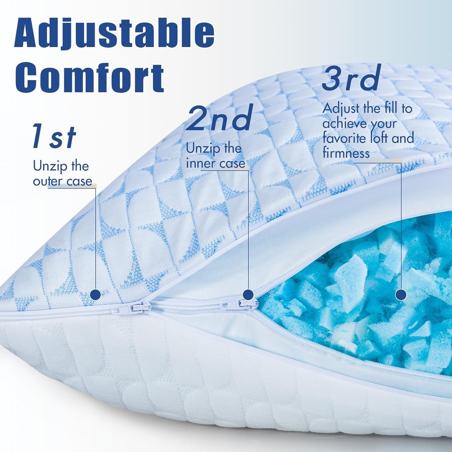 Firm Cooling Pillows for Sleeing, Shredded Memory Foam(Adjustable Loft) Pillow for Side Back Stomach Sleepers, Supportive Gel Pillow with Washable Cover, Queen Size, Gift for Parents or Couples - Medaid International