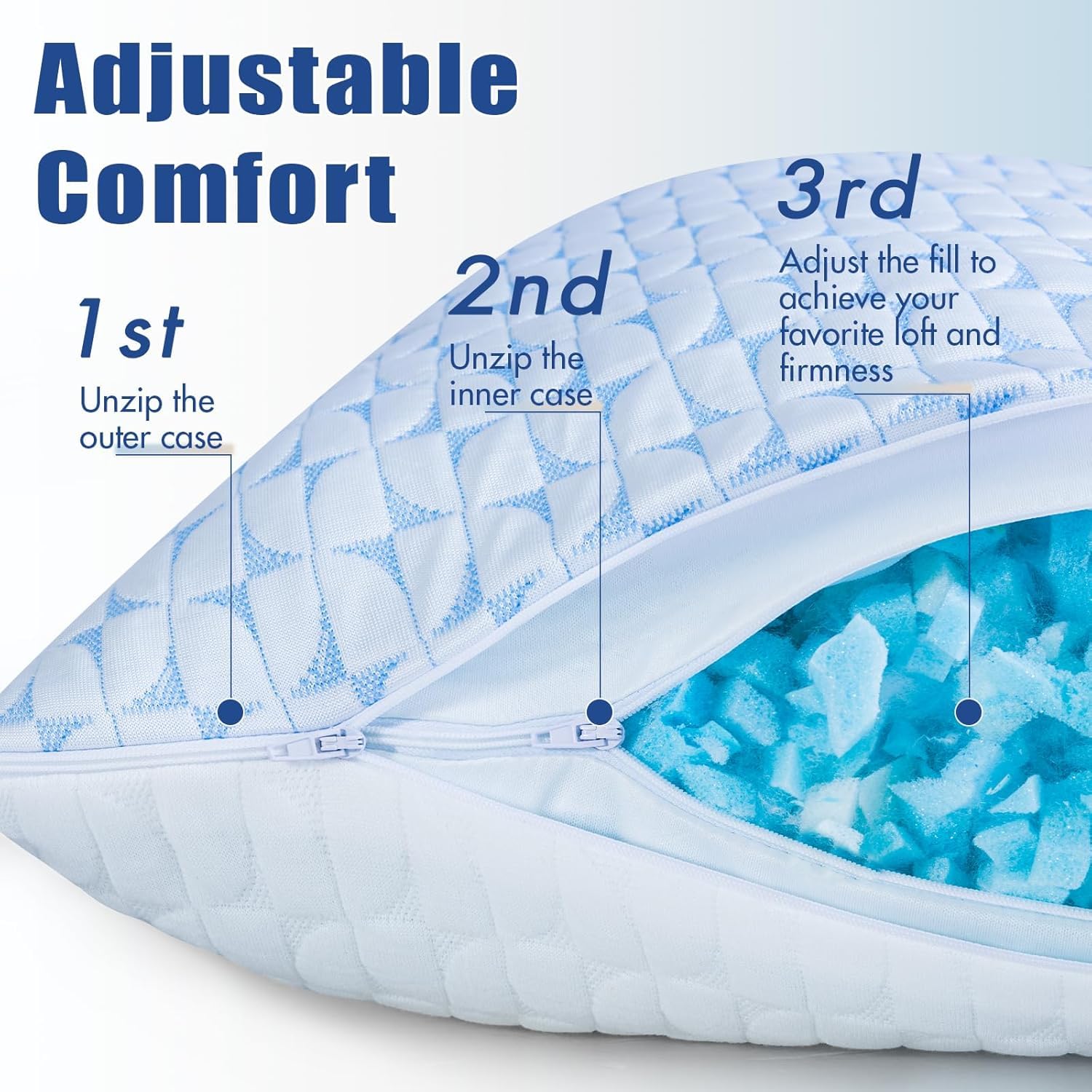 Firm Cooling Pillows for Sleeing, Shredded Memory Foam(Adjustable Loft) Pillow for Side Back Stomach Sleepers, Supportive Gel Pillow with Washable Cover, Queen Size, Gift for Parents or Couples - Medaid International