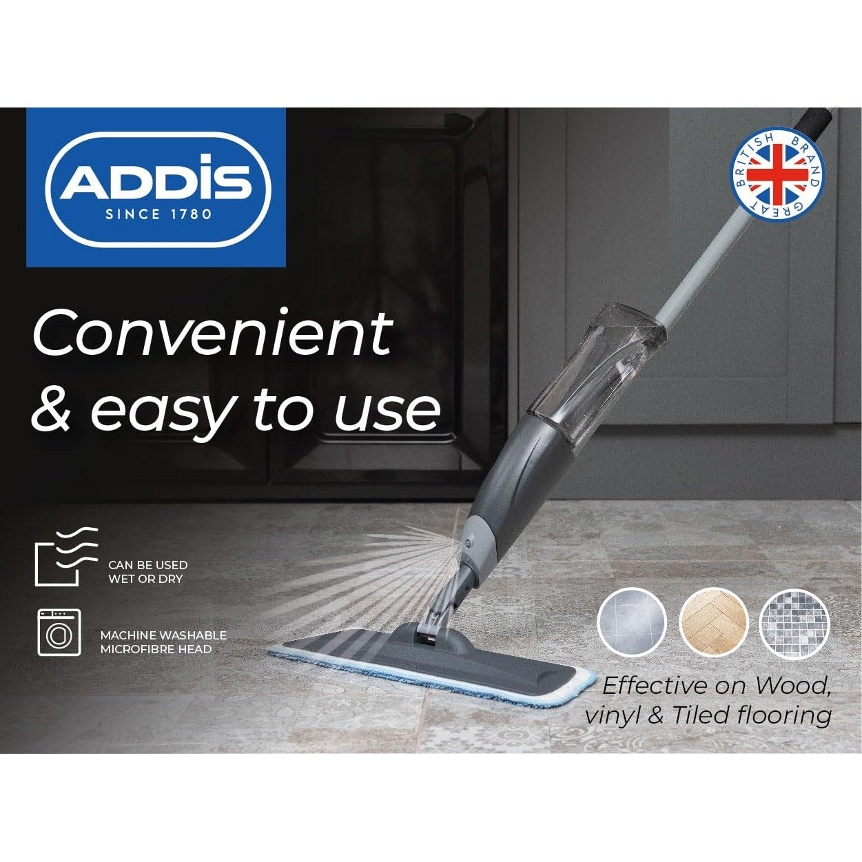 Addis 513619 Spray Mop 2 in 1 with Microfibre Flat Pad Head, Metallic & Blue, 40 x 12 x 128 cm - Medaid International