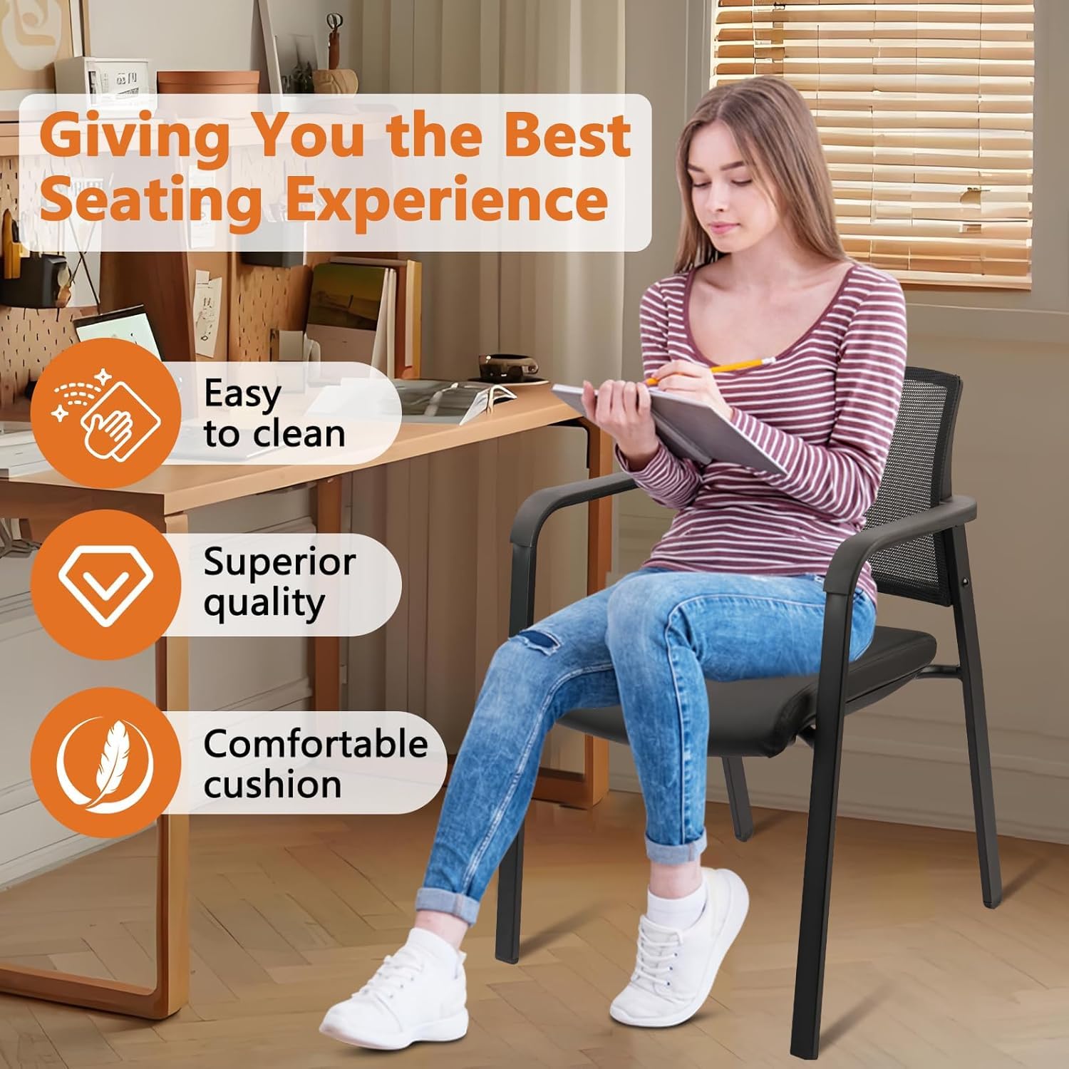 CLATINA Stackable Office Chair, Mesh Back Guest Chairs with Comfortable Leather Seat Arms Stacking Ergonomic Desk Chair No Wheels for Conference Waiting Reception School Stationary, Black, Set of 8 - Medaid International