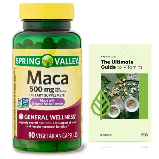 Generic Spring Valley Maca Root 500mg Capsules, Organic Maca Root for Women and Men + Exclusive VitaMax Vitamin Guide (2 Items) - Medaid International