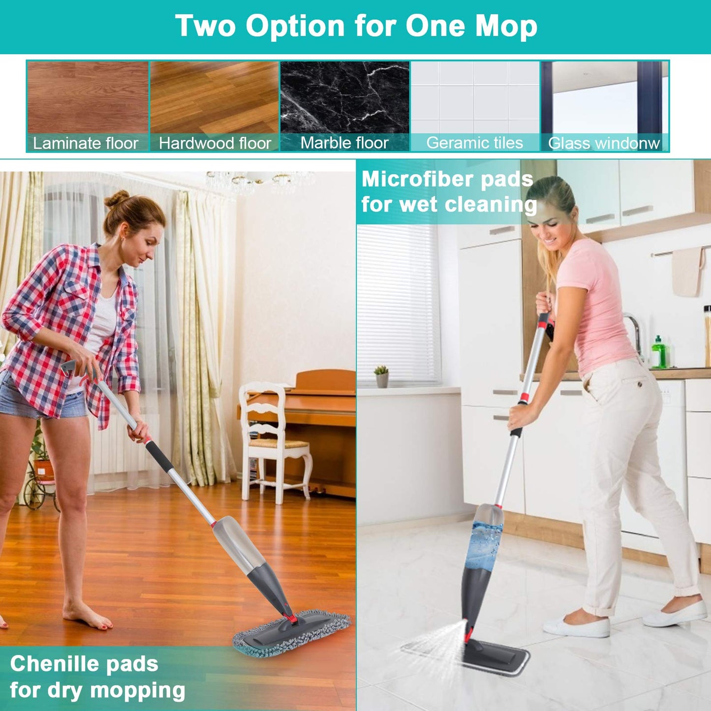 Spray Mop for Floor Cleaning with 3pcs Washable Pads - Wet Dry Microfiber Mop with 800 ml Refillable Bottle for Kitchen Wood Floor Hardwood Laminate Ceramic Tiles Floors Dust Cleaning - Medaid International