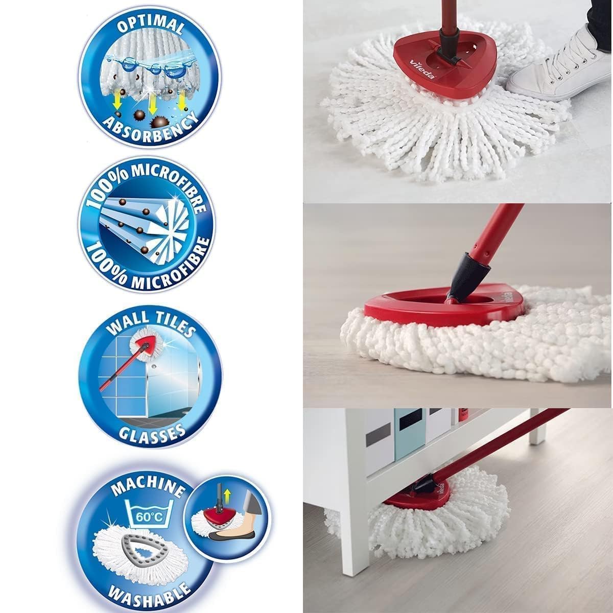 Vileda 163420 - Juego de fregona y Cubo con Pedal de Pie, Mango telescópico 85-125 cm, fregona de Suelo con escurridor Giratorio, Cabezal de fregona de Microfibra 2 en 1, Multicolor, 163420 - Medaid International