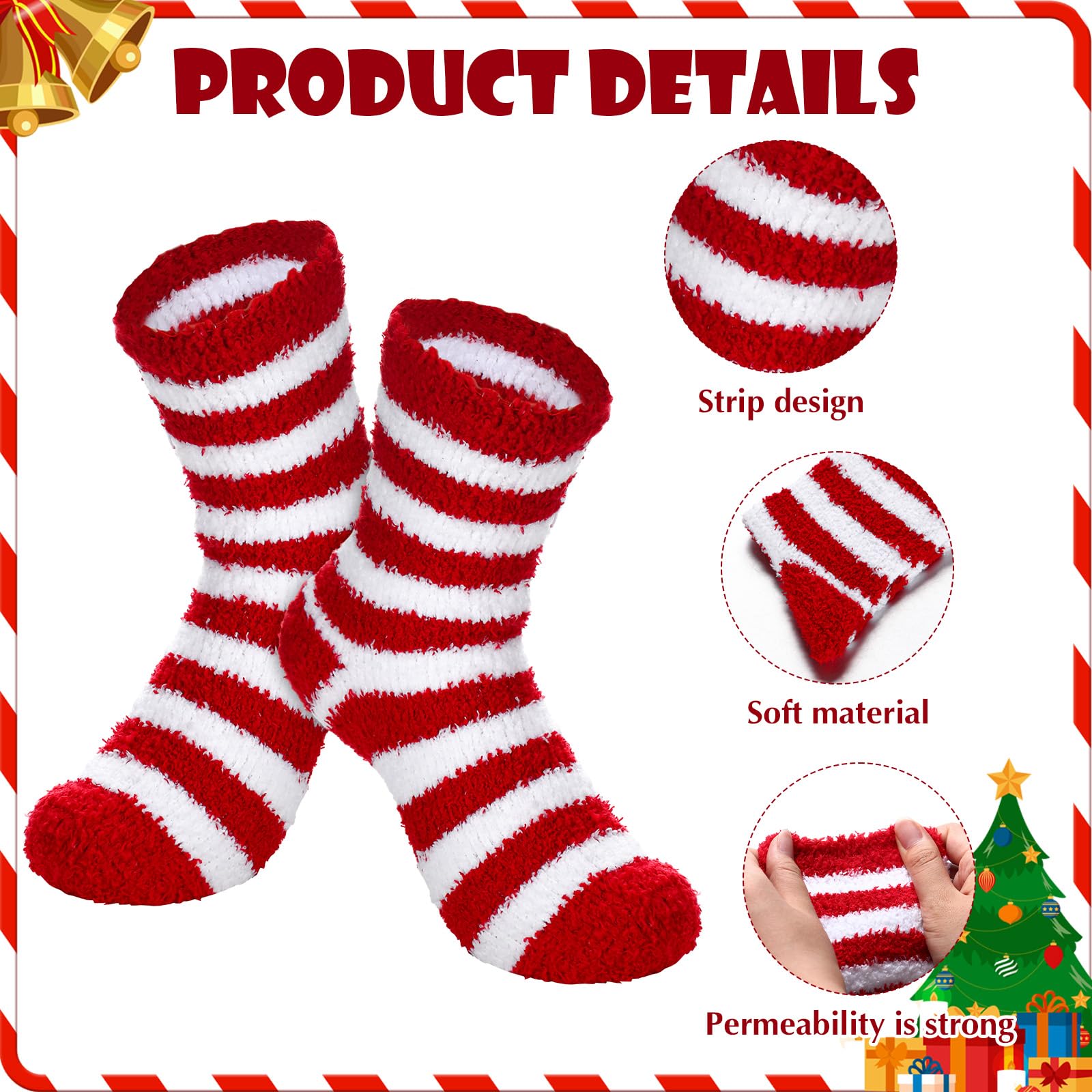 Shyyween 8 Pairs Christmas Fuzzy Socks for Women Holiday Stripe Slipper Socks Fluffy Warm Winter Xmas Stocking Stuffer Gifts(Red and White Stripes) - Medaid International