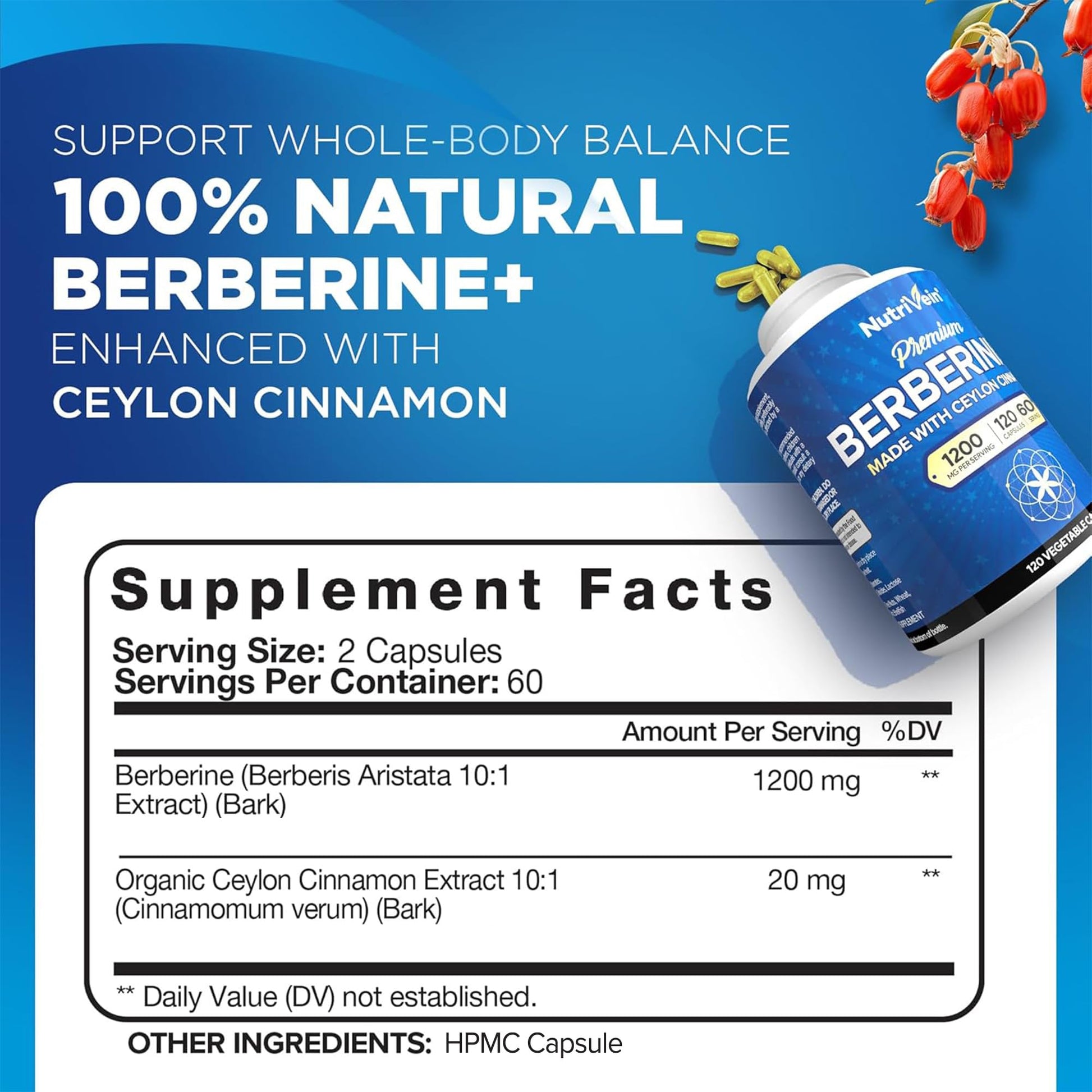 Nutrivein Premium Berberine HCL 1200 mg with Ceylon Cinnamon - 120 Capsules: High-Absorption Berberine Supplement for Defenses, Digestion, & Metabolism - Medaid International