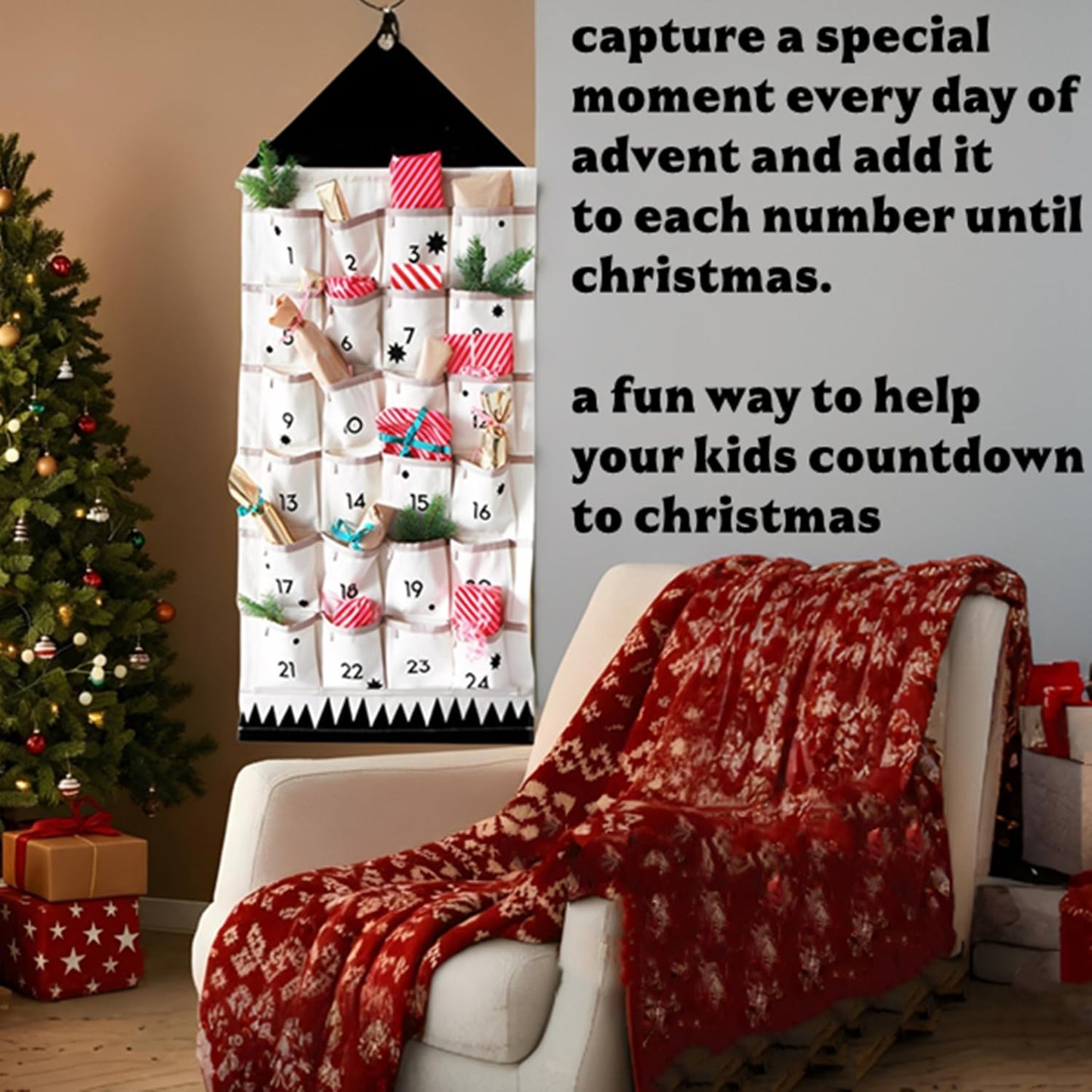 Dkieuyu Reusable Advent Calendar Christmas Hanging Advent Calendar with Pockets,Empty Fillable Portable Door Wall Countdown Cloth Advent Calendar Organizer Xmas Decorations (A-24 pockets) - Medaid International