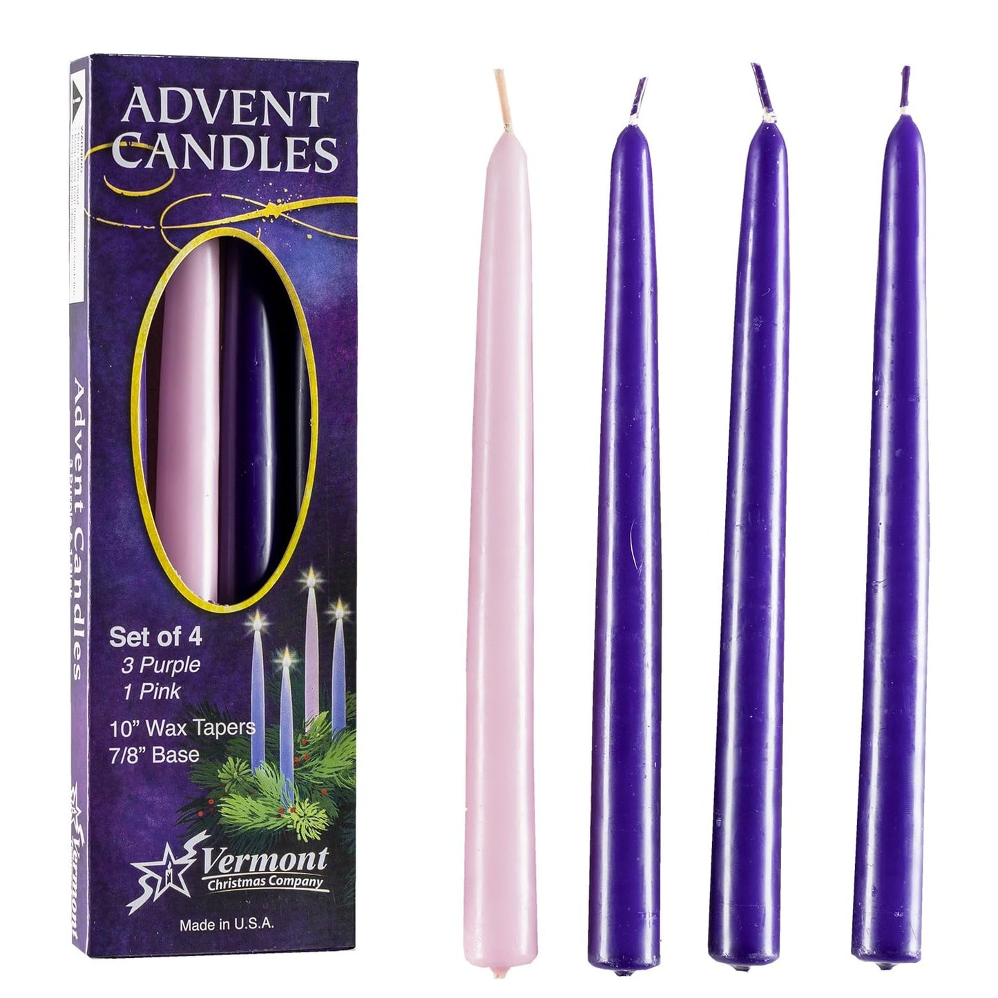 Christmas Advent Candle Set (Set of 4) - Made in The U.S.A. - 10 Inch Wax Taper Candles - 3 Purples Candles & 1 Pink Candle - Medaid International