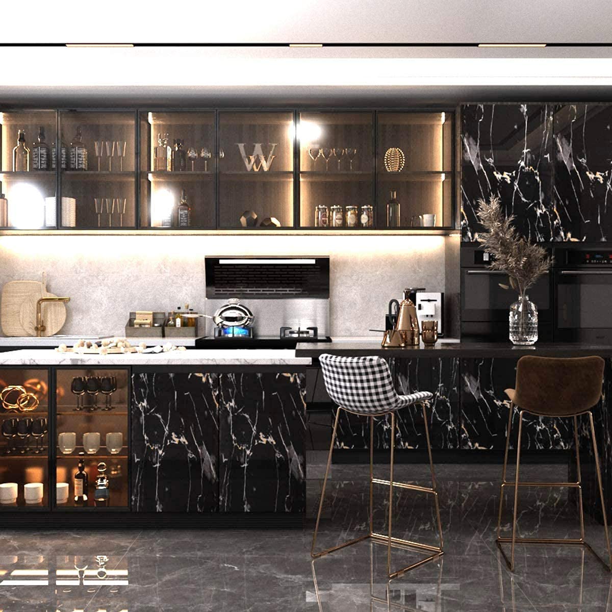 WALLTON Wall Stickers Marble (12 x 48 Inches) Jade Kitchen Counter, Cabinet Makeover, Almirah, Plastic & Wooden Tabletop, Wardrobe, PVC DIY Self Adhesive, Black and Golden Marble Gloss - Medaid International