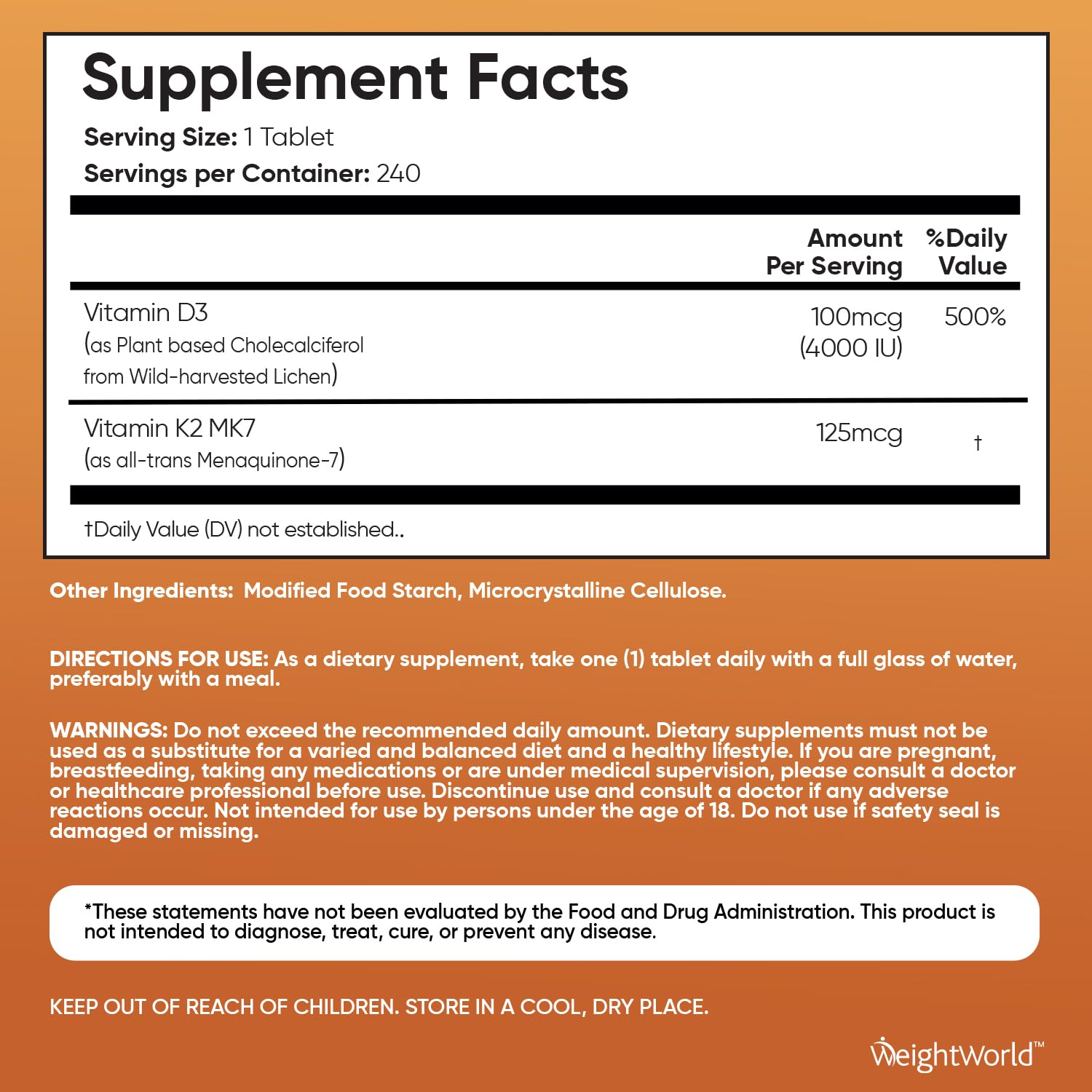 WeightWorld Vitamin D3 K2-240 Vegan Tablets (8 Months Supply) - Vitamin D3 4000 IU (100mcg) & Vitamin K2 (MK7) (125mcg) - Vitamin D Supplement for Women & Men - Gluten-Free - Medaid International