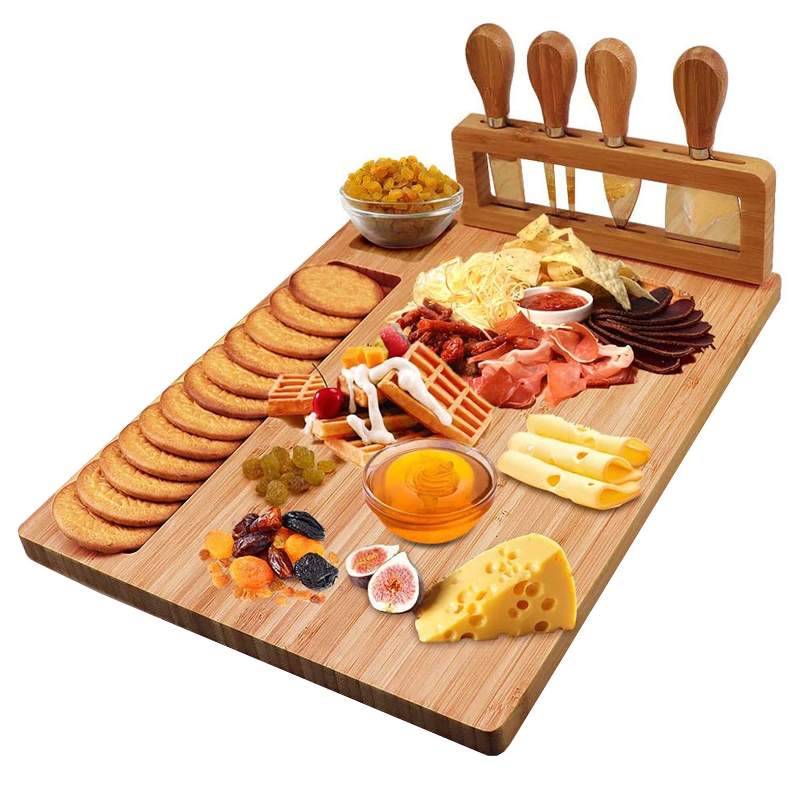 Widousy Bamboo Cheese Board Set, Cheese Tray, Charcuterie Board and Serving Meat Platter with 4 Stainless Steel Cheese Knives, Ideal for Wedding Gifts Christmas Birthday Party (14''x11'') - Medaid International