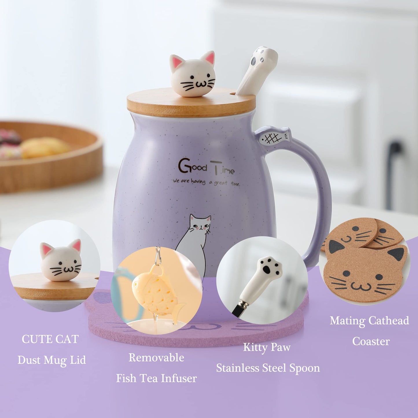 BigNoseDeer Cat Mug Kawaii Tea Cup with Infuser and Lid Purple Cat Ceramic Coffee Mug Cute Cool Preppy Stuff Birthday Gifts for Mom Gifts for Women Girlfriend Girls Cat Lover Gifts(13oz) - Medaid International