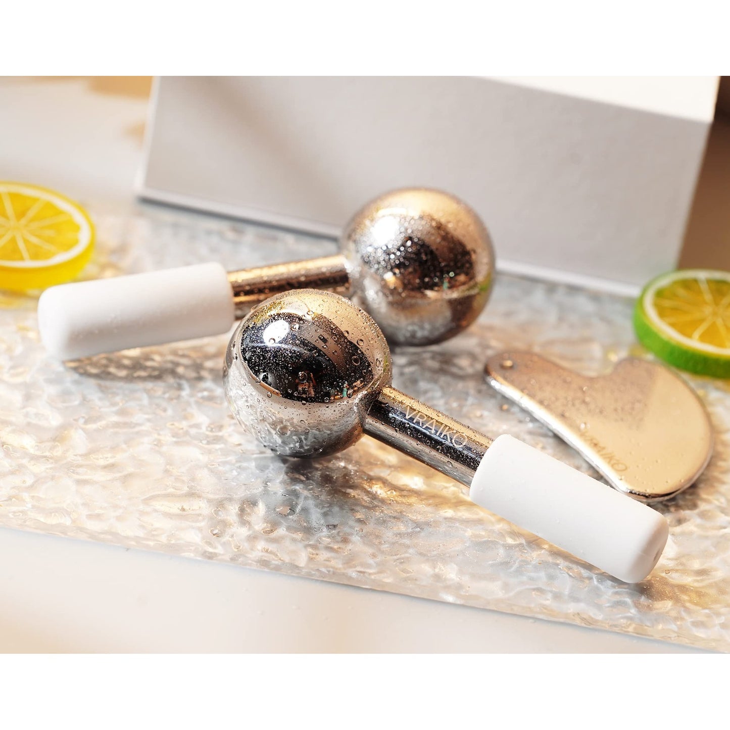 VRAIKO ICE Globes for Facials & Gua Sha Set, Gua Sha Facial Tools and Cryo Sticks with Unbreakable Steel, Face Massager Cooling Rollers for Dark Circles, Puffiness and Lymphatic Drainage (White) - Medaid International