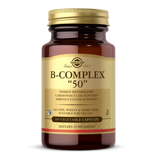 Solgar B-Complex “50”, 100 Vegetable Capsules - Energy Metabolism, Cardiovascular Support, Nervous System Support - Non-GMO, Vegan, Gluten Free, Dairy Free, Kosher - 100 Servings - Medaid International