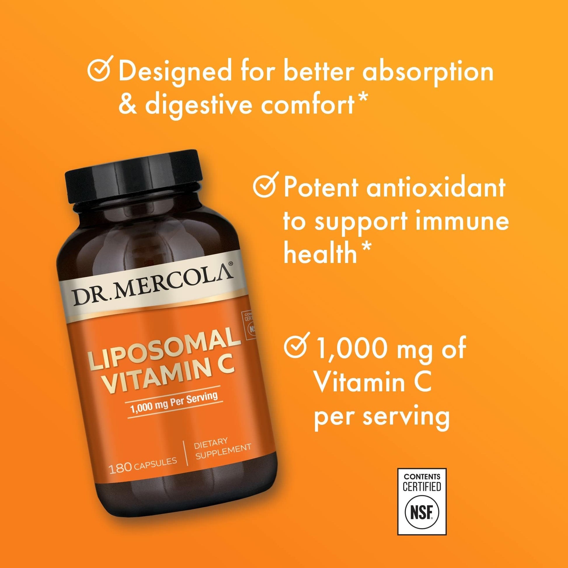 Dr. Mercola Liposomal Vitamin C - Brain, Heart, Eye & Immune Support - Provides 1,000 mg of Bioavailable Vitamin C - Non-GMO, Gluten-Free & Soy-Free - 180 Capsules (90 Servings) - Medaid International