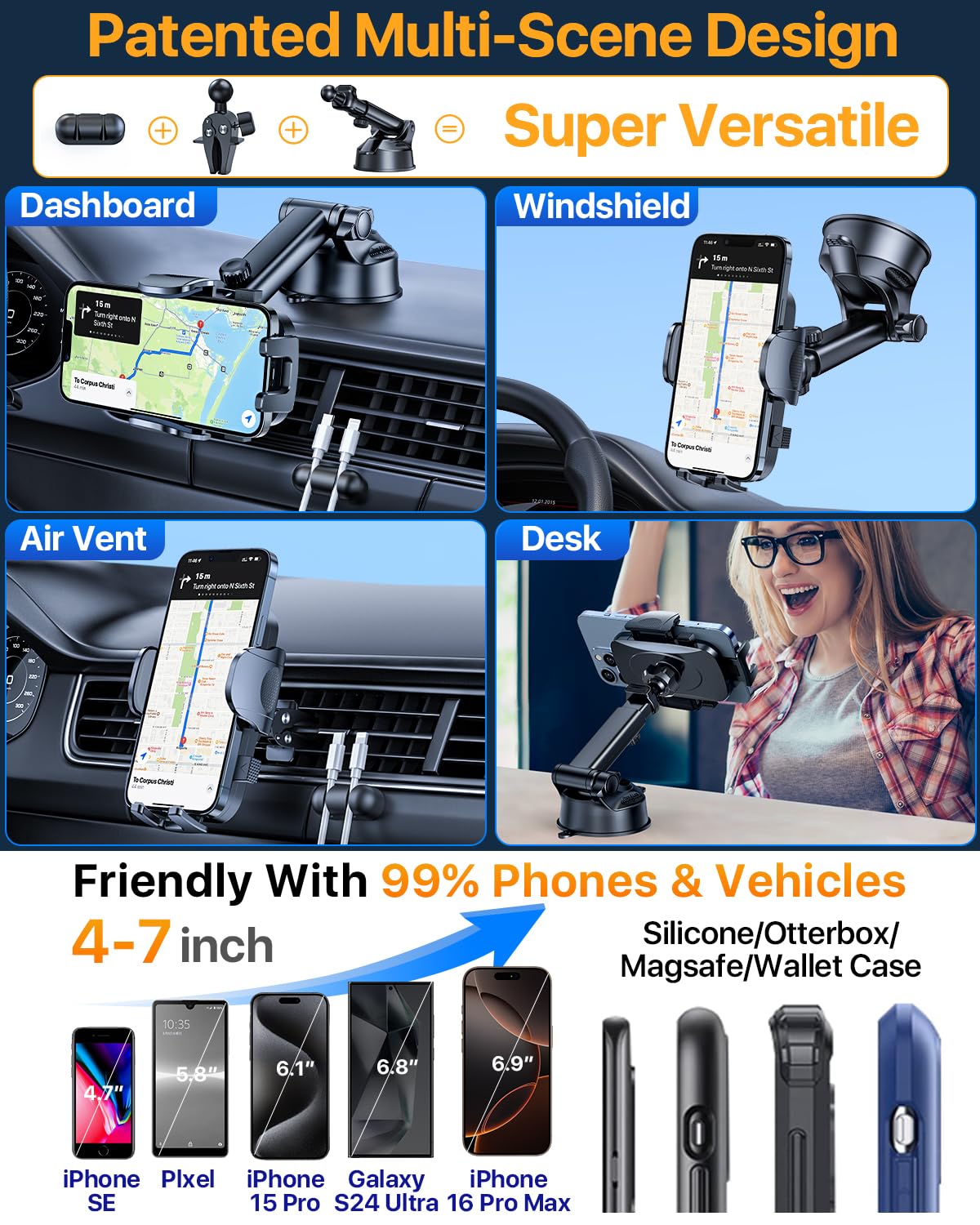 YRU [True Upgrade for Safety] Car Phone Holder Mount [Patent & Military-Grade] Dashboard Cell Phone Holder for Car Vent Windshield Phone Stand for iPhone 17 16 15 14 13 Pro Max Truck Samsung, Black - Medaid International