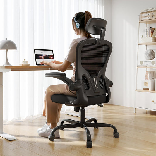 Office Chair Ergonomic Desk Chair, 330LBS Capacity, High Back Computer Chair for Long Hours Comfortable, Rolling Swivel Executive Task Chair for Home Office with Flip-up Armrests, Black - Medaid International
