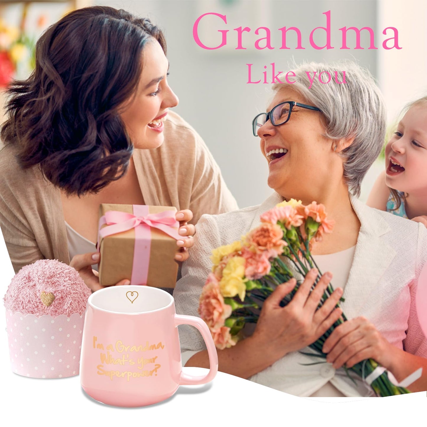Yalucky Pink Ceramic Coffee Mug, 12 oz, 'I'm a Grandma What's Your Superpower', Includes Fuzzy Socks, Perfect for Grandma Gifts: Birthday, Mother's Day, Christmas - Medaid International